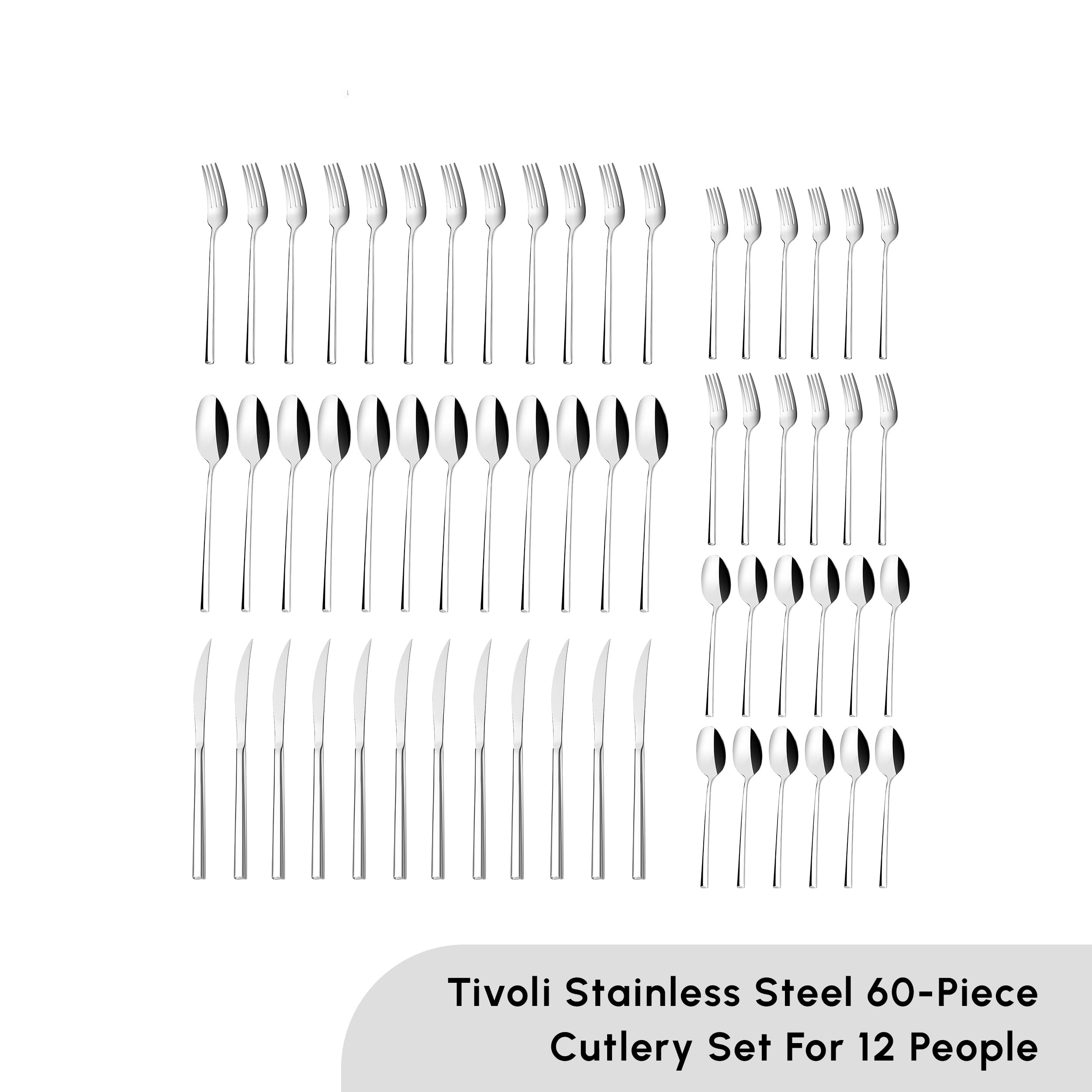 Tivoli 60 Pieces Cutlery Set for 12 Person - Forks, Spoon, Knives Silverware Sets - Modern Silver Flatware - Stainless Steel Kitchen Utensils Tableware Set - Dishwasher Safe