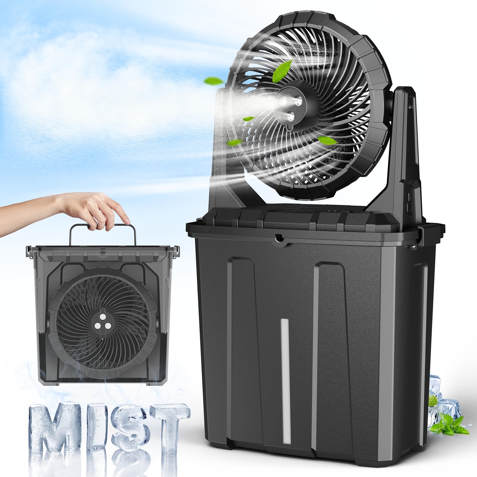 JJJSHOP 10″ 9L Portable Misting Fan, [Max 55Hrs] Outdoor Mister Fan for Outside Patios Golf, 20000mAh Rechargeable Battery Operated Travel Water Cooling Fan, Camping Patio Accessories - 3 Spray Misters