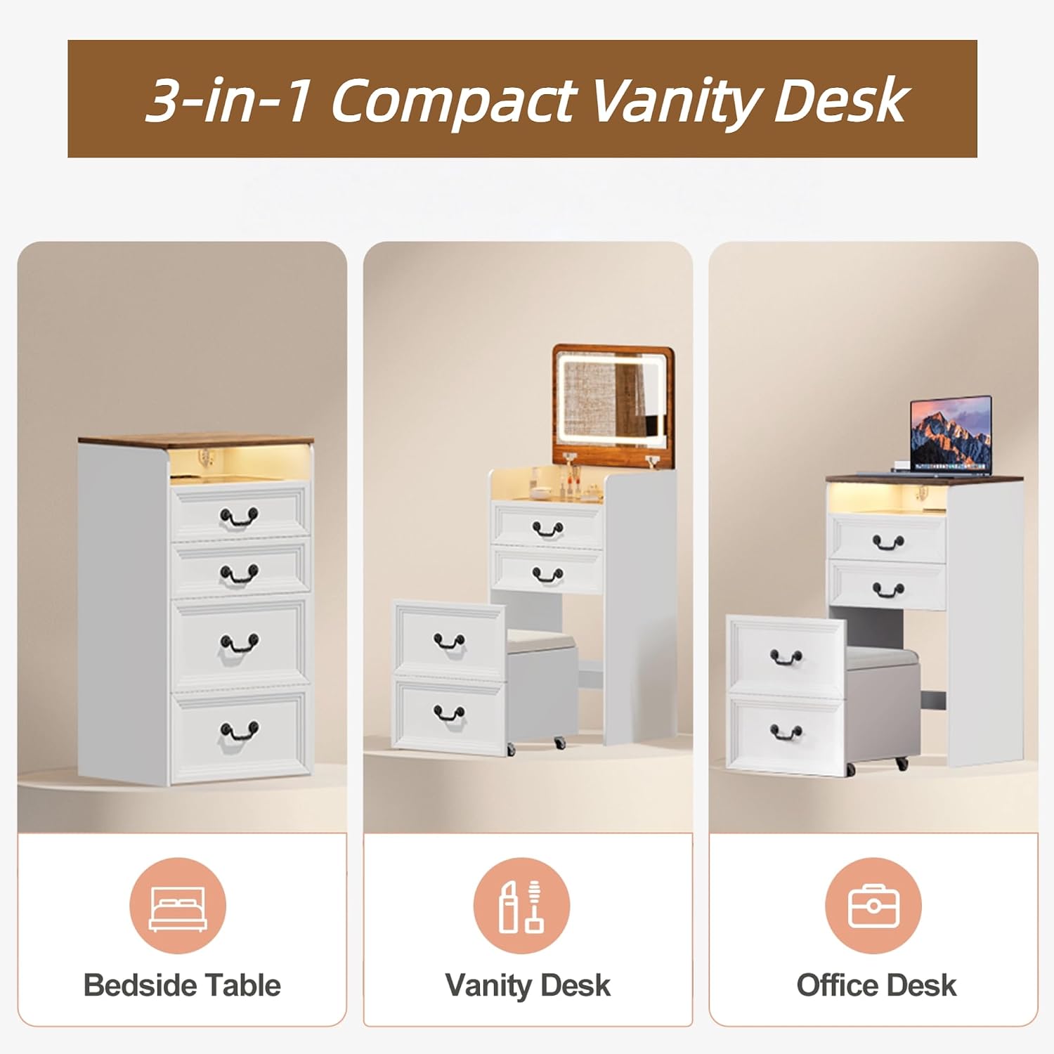 3-in-1 Vanity Desk with Charging Station & LED Lights