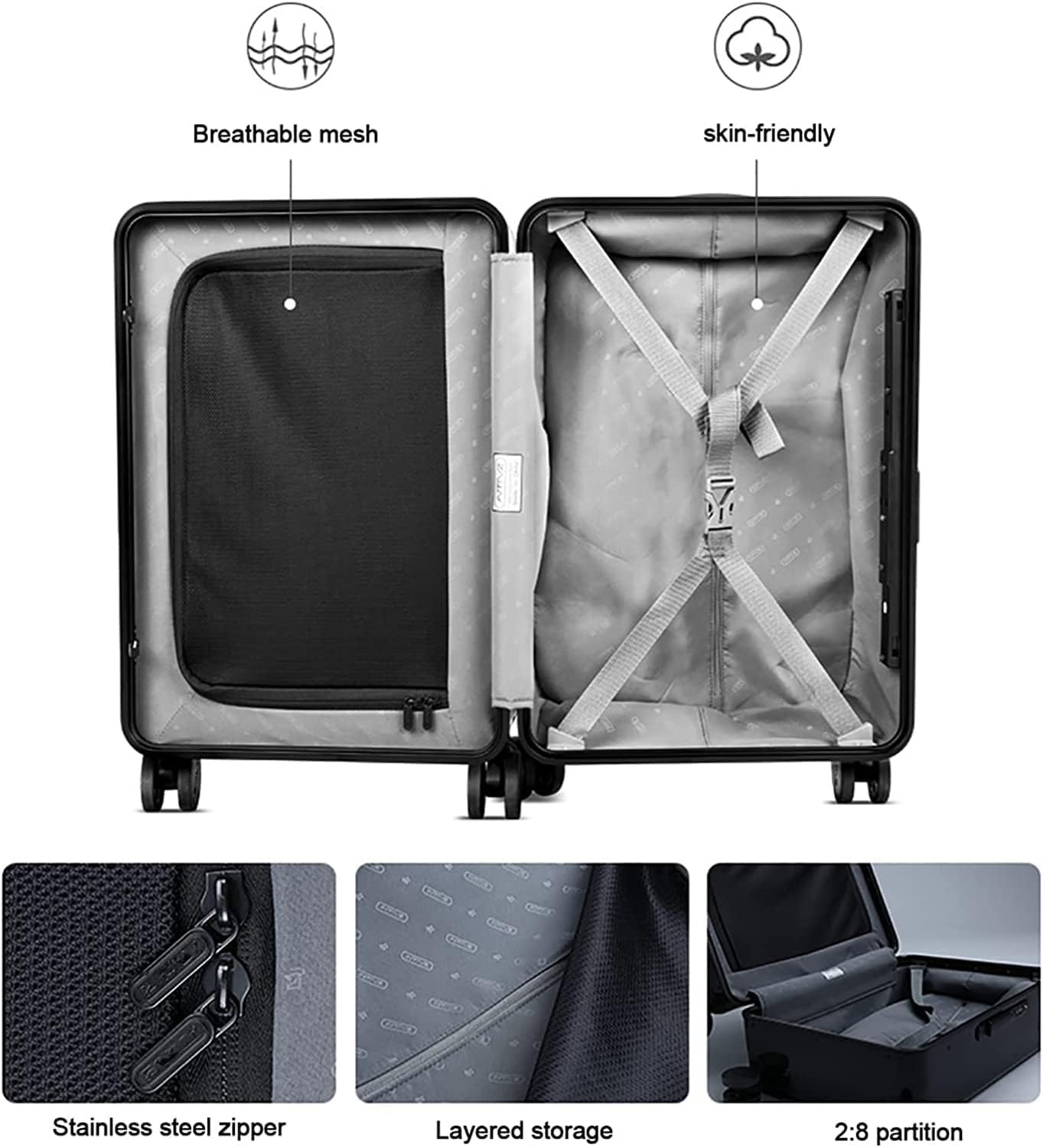 Interior layout — breathable mesh pocket and X-type tie-down straps