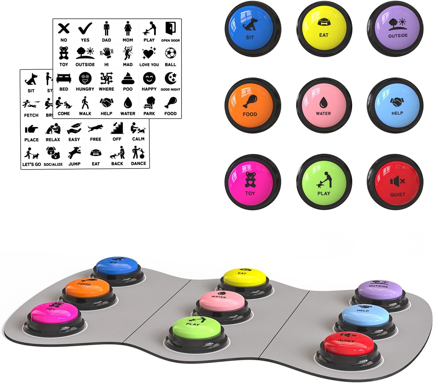 Dog Buttons for Communication, 9 Pcs Recordable Talking Button Set with 30s Voice, Pet Training Buzzer Kit for Dogs and Cats, Waterproof Anti-Slip Mat, 48 Scene Stickers for Outside/Food/Play