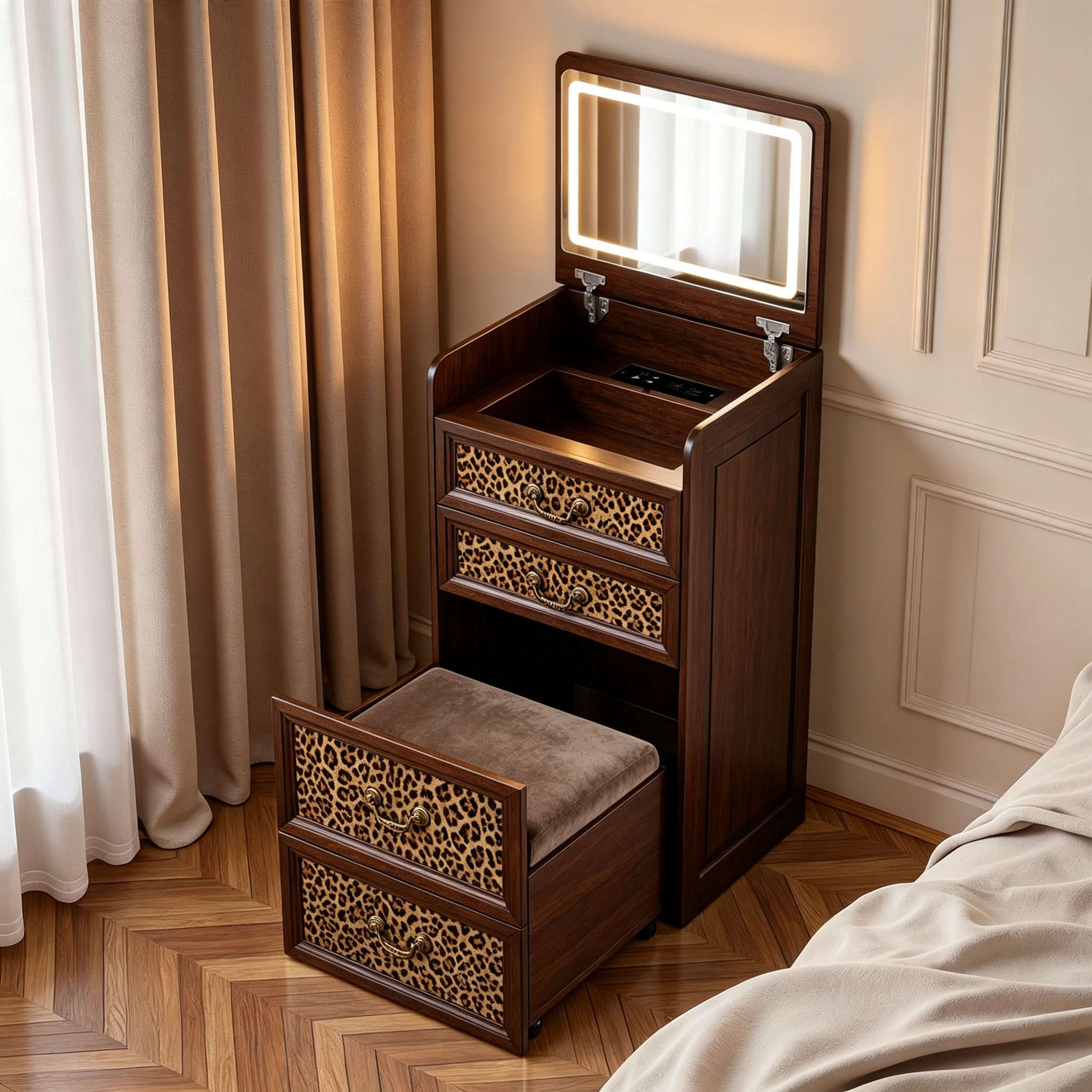 3-in-1 Vanity Desk with Charging Station & LED Lights