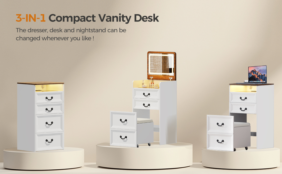 3-in-1 white vanity desk with flip-top mirror, charging station and hidden stool for bedroom