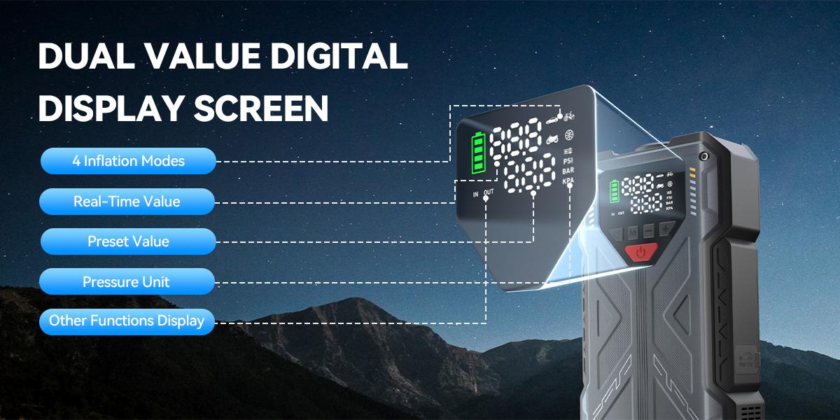 Dual value digital display screen with 4 inflation modes and real-time pressure