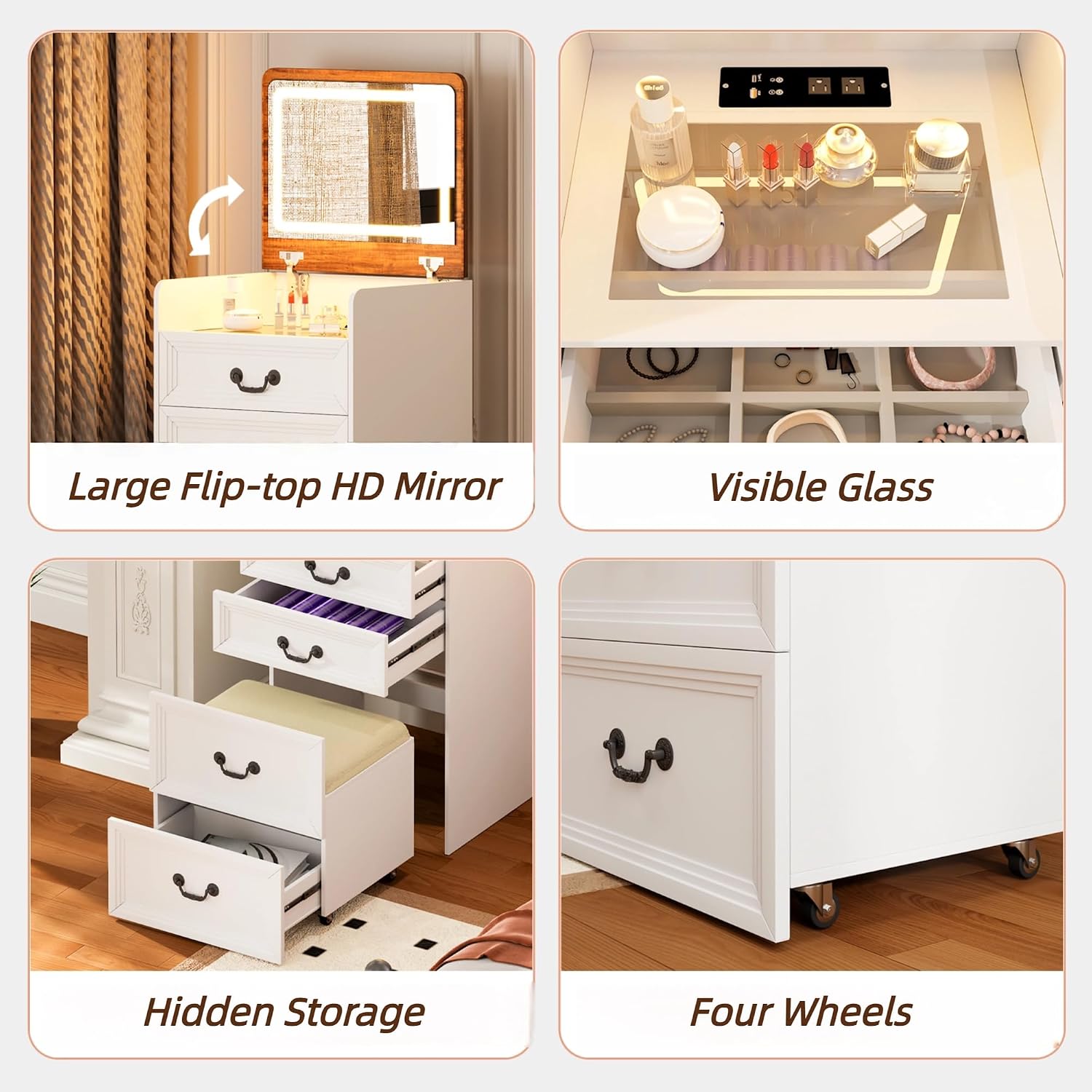 3-in-1 Vanity Desk with Charging Station & LED Lights