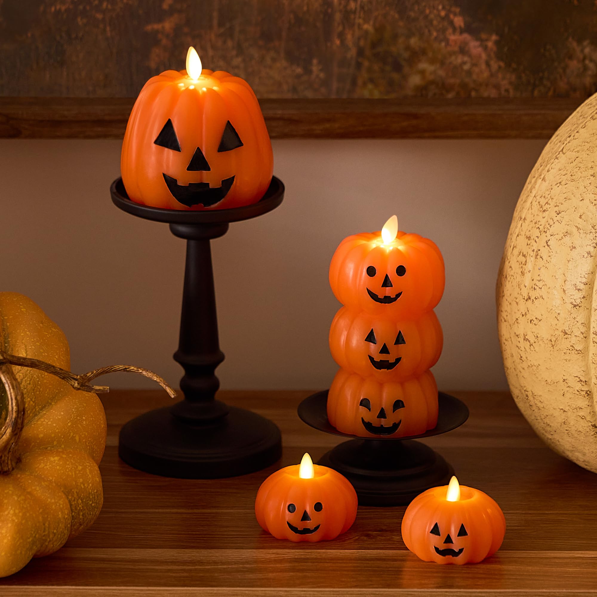 Stacked Jack-o-Lanterns Pumpkins Figural (Russet Orange) Flameless Candle Real Wax Moving Flame LED Candle (3.1" x 6"),