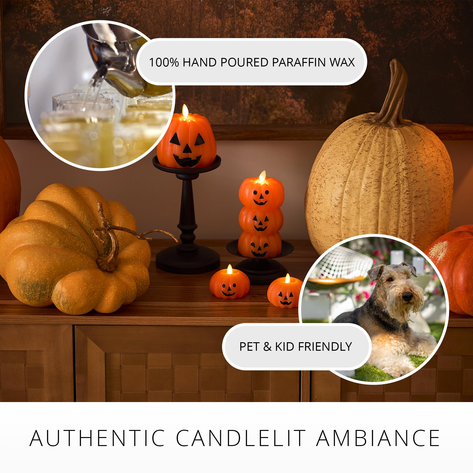 Stacked Jack-o-Lanterns Pumpkins Figural (Russet Orange) Flameless Candle Real Wax Moving Flame LED Candle (3.1" x 6"),