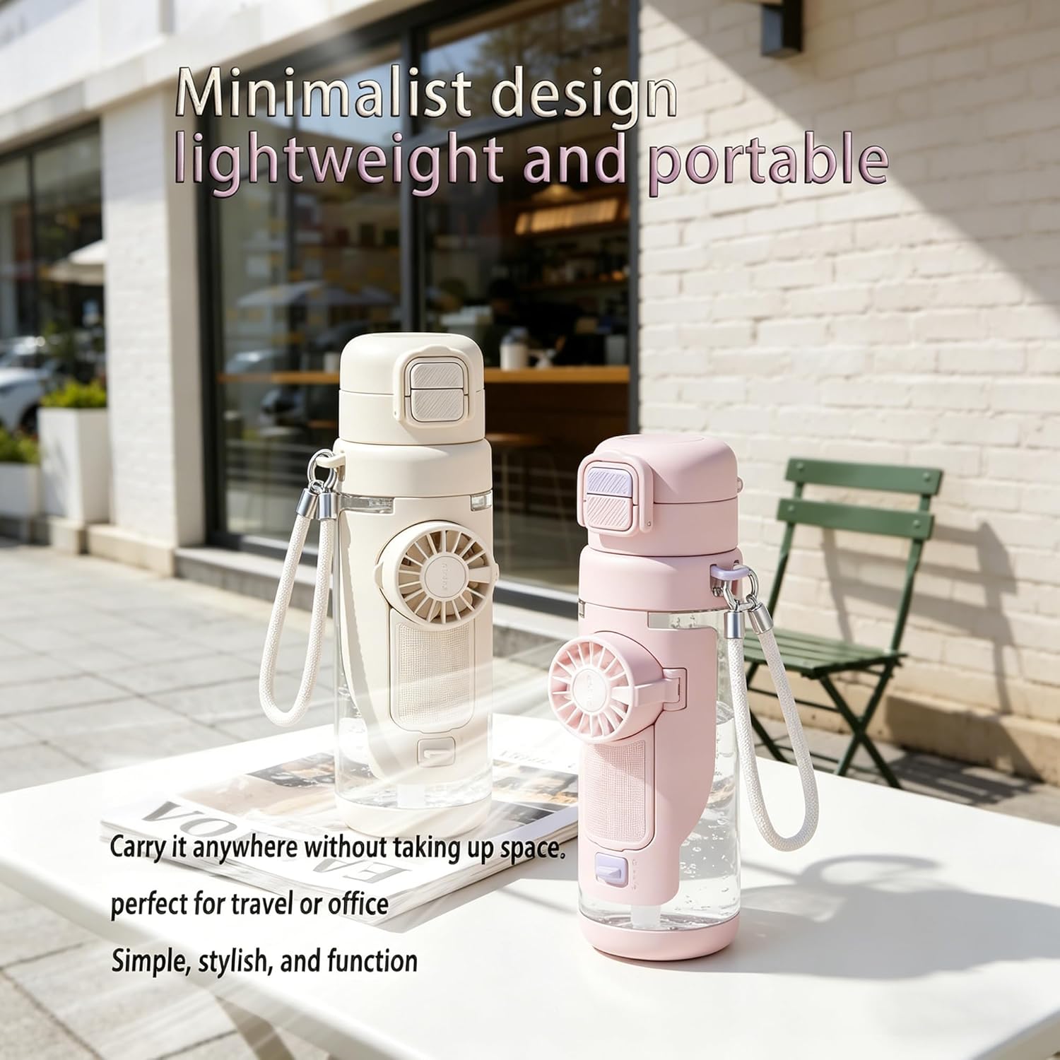 2-in-1 Water Bottle with Foldable Fan, 690ml Portable Cooling Cup with Straw, 3-Speed USB-C Rechargeable Built-In Fan Bottle for Travel, Hiking, Beach and Summer Outdoor Use, White