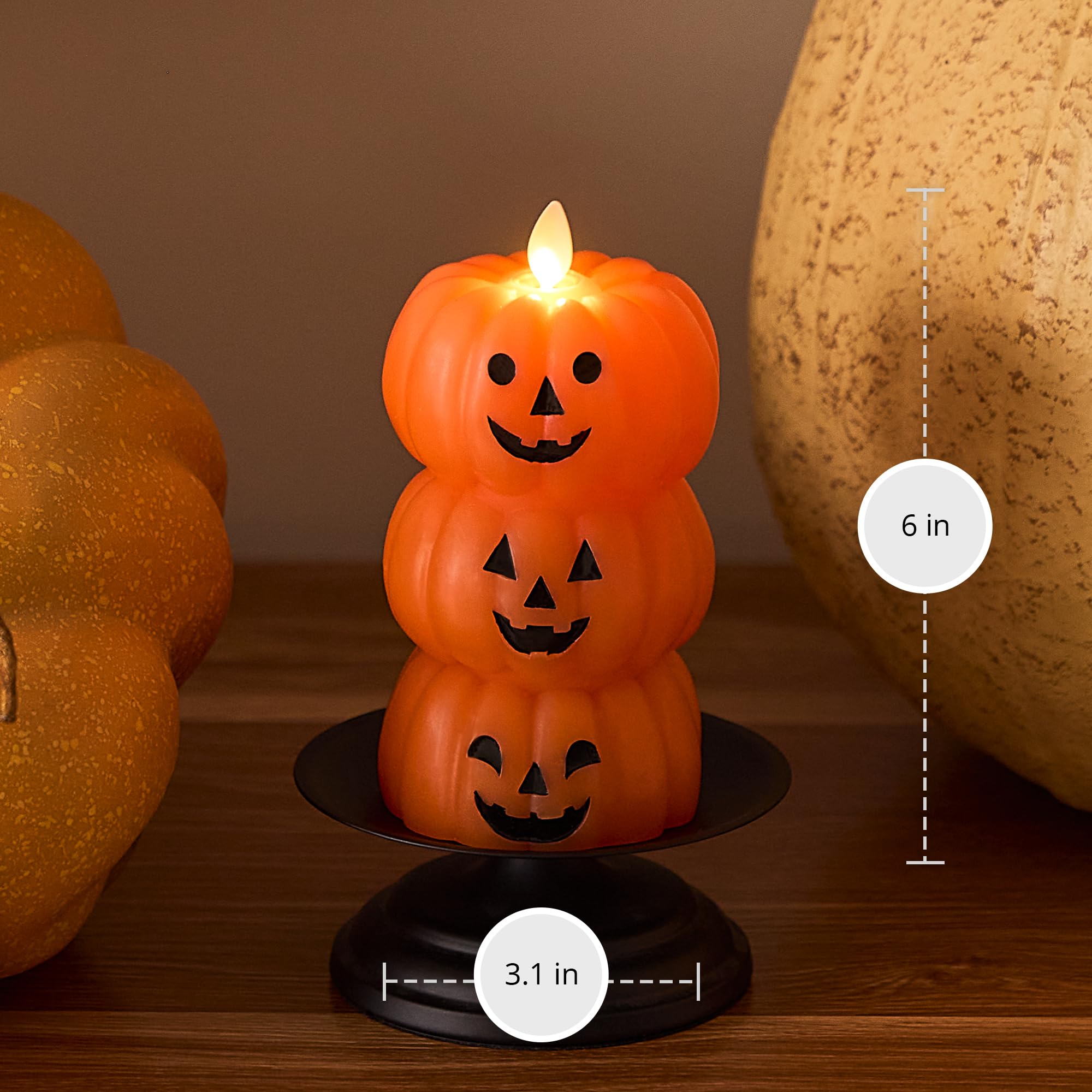 Stacked Jack-o-Lanterns Pumpkins Figural (Russet Orange) Flameless Candle Real Wax Moving Flame LED Candle (3.1" x 6"),