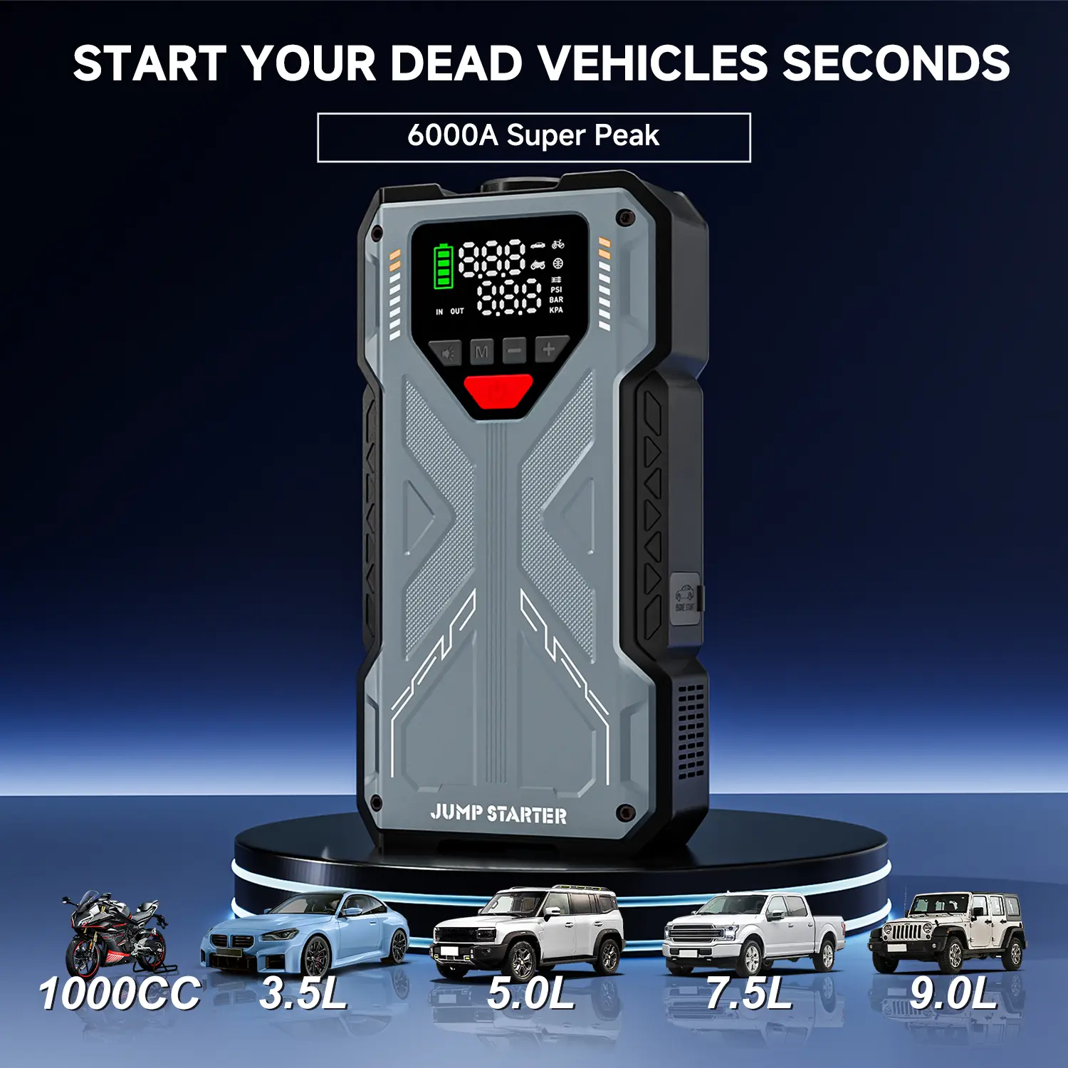 16800mAh [ 5 in 1 Function ] Portable Car Jump Starter With Air Compressor 6000A (7.5L Gas, 6.0L Diesel) With 150 PSI Tire Inflator, 12V Car Battery Jump Power With LED Light