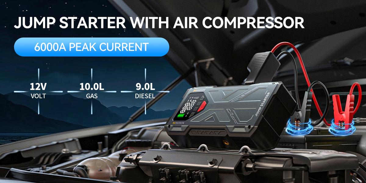 Geeneu 6000A Jump Starter &mdash; jump start with air compressor, 10L gas and 9L diesel
