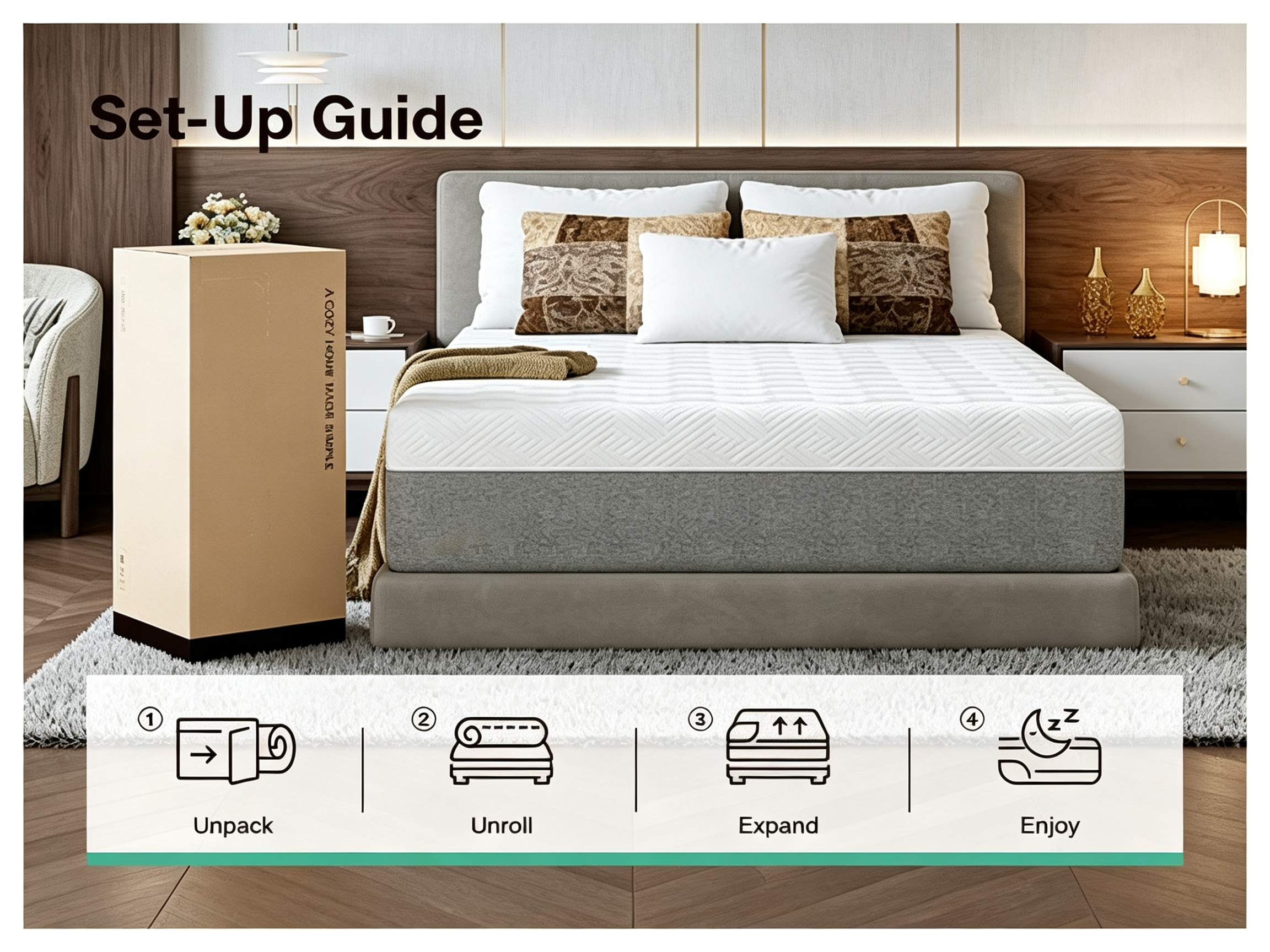 Gel memory foam mattress full product view in bedroom
