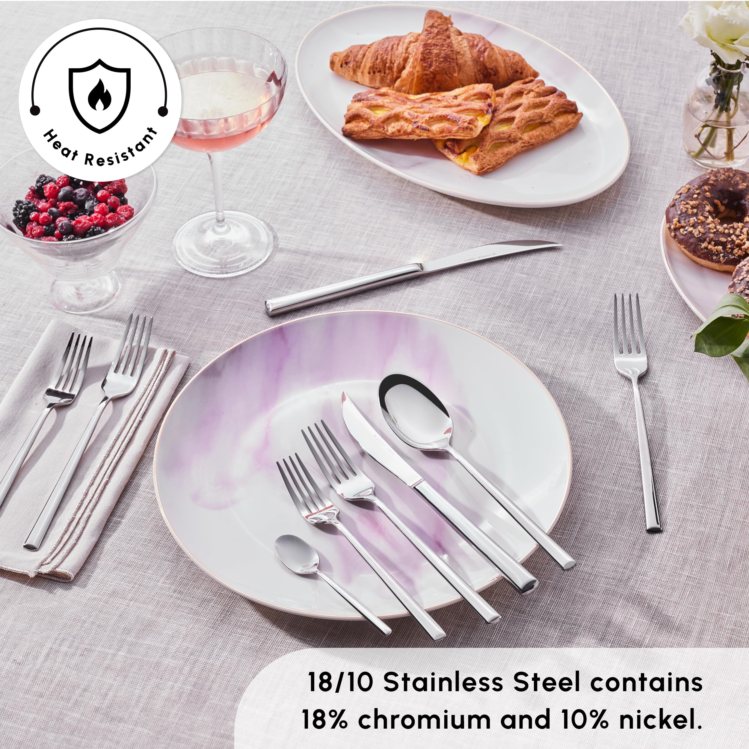 Tivoli 60 Pieces Cutlery Set for 12 Person - Forks, Spoon, Knives Silverware Sets - Modern Silver Flatware - Stainless Steel Kitchen Utensils Tableware Set - Dishwasher Safe