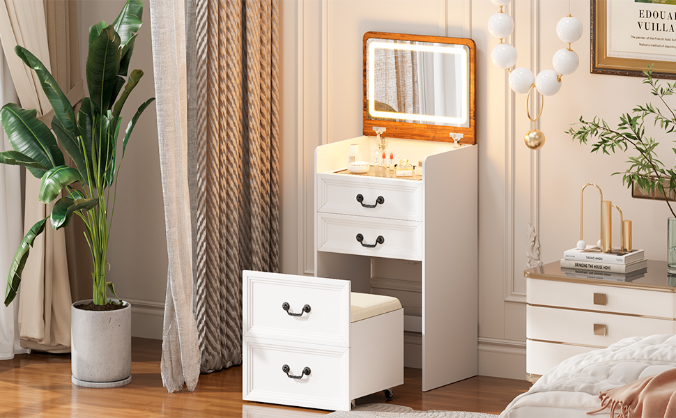 Built-in charging station with 2 sockets, USB and Type-C ports on vanity desk