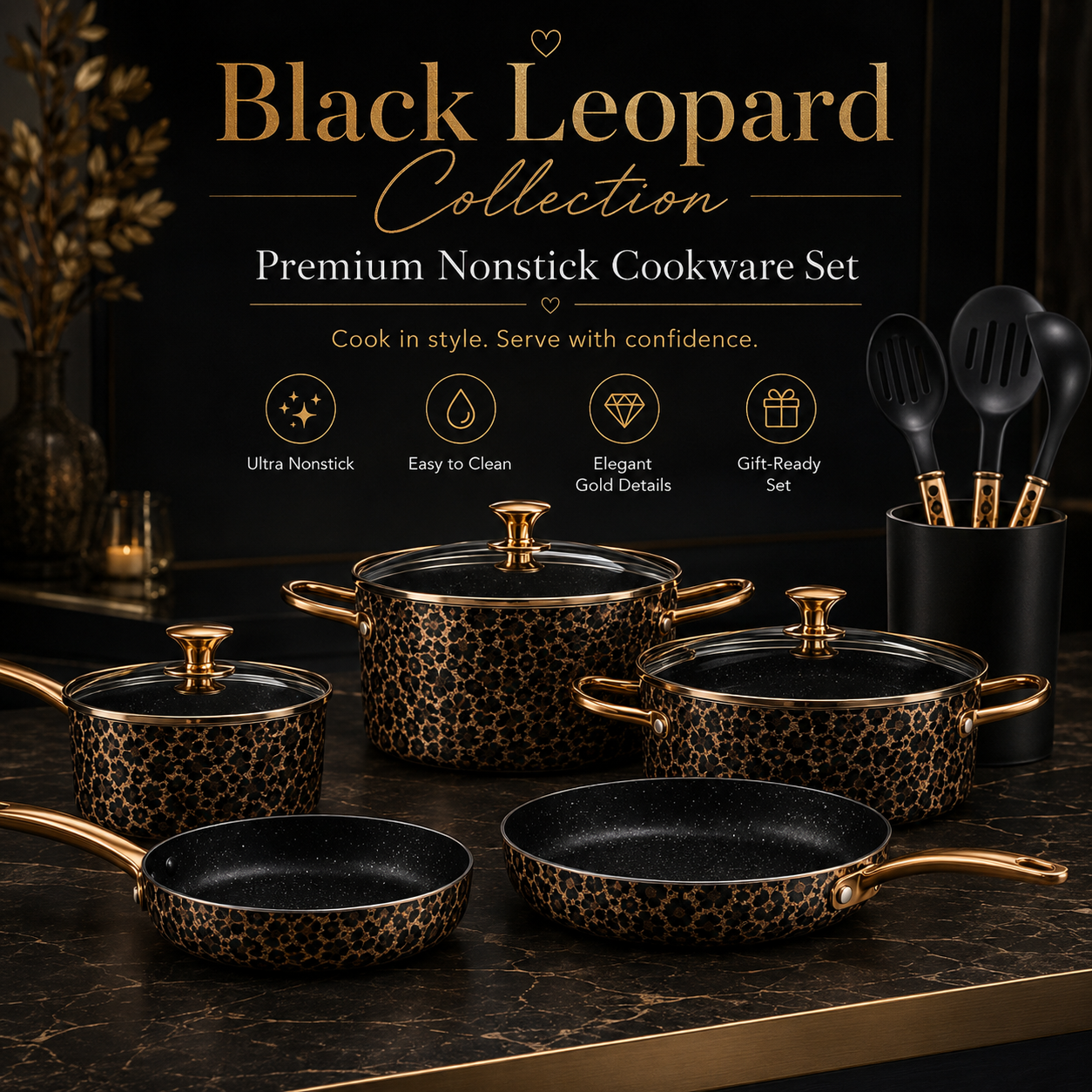 Complete 12-piece leopard print cookware set with fry pans saucepans casseroles and utensil set