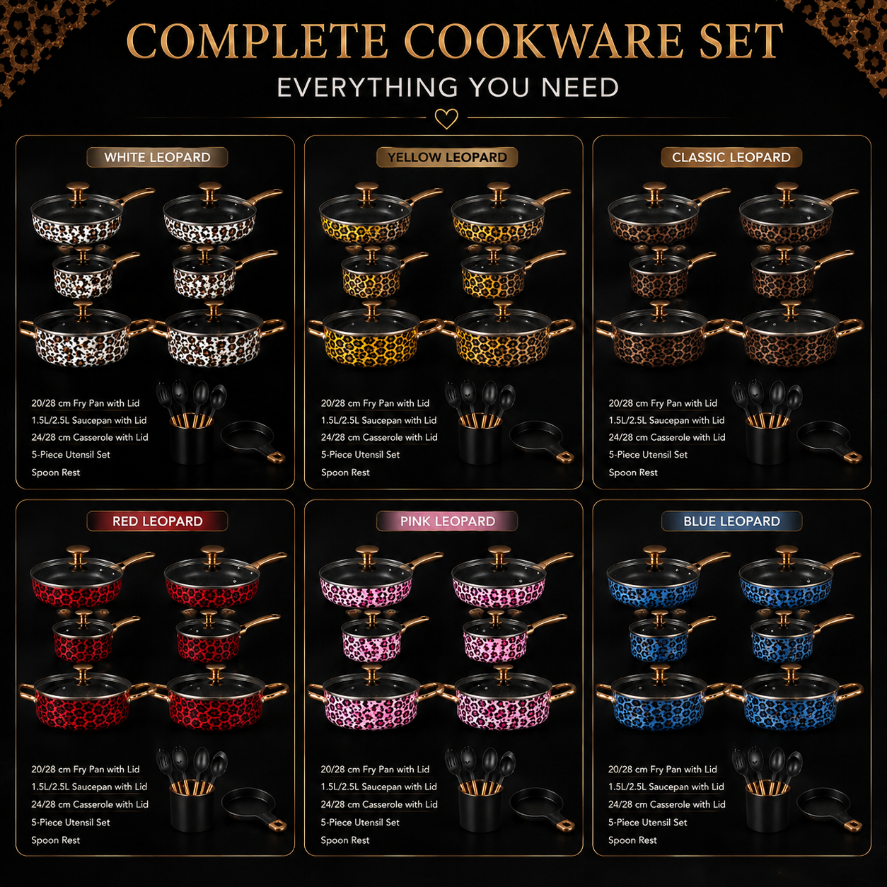 CLASSIC LEOPARD Luxury  Gold Non-Stick Cookware Set – 10 Piece Premium Kitchen Pan Set with Lids & Utensils