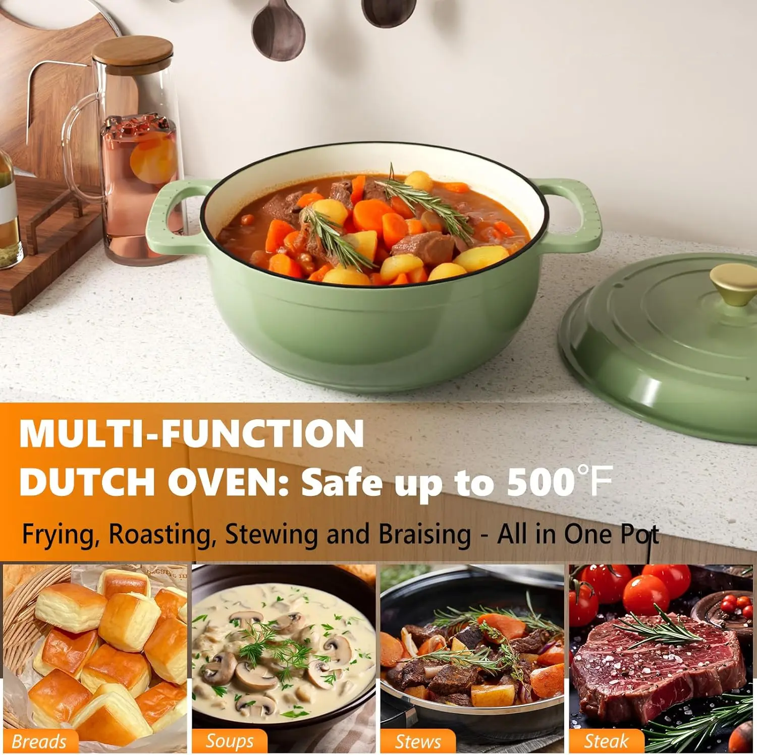 JJJSHOP Enameled Cast Iron Round Dutch Oven, 5/6/7.5QT Pot with Lid &Dual Handles with Silicone Gloves,Oven Safe up to 500°F, Heavy-Duty Pre-Seasoned Cookware for Bread Baking, Braising, Stews, Roasting,TikTokShopBlackFriday