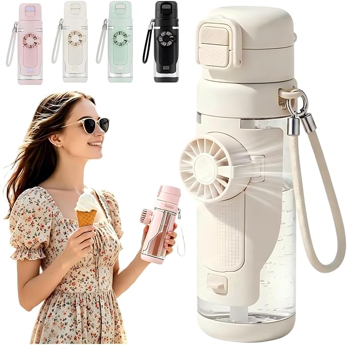 2-in-1 Water Bottle with Foldable Fan, 690ml Portable Cooling Cup with Straw, 3-Speed USB-C Rechargeable Built-In Fan Bottle for Travel, Hiking, Beach and Summer Outdoor Use, White
