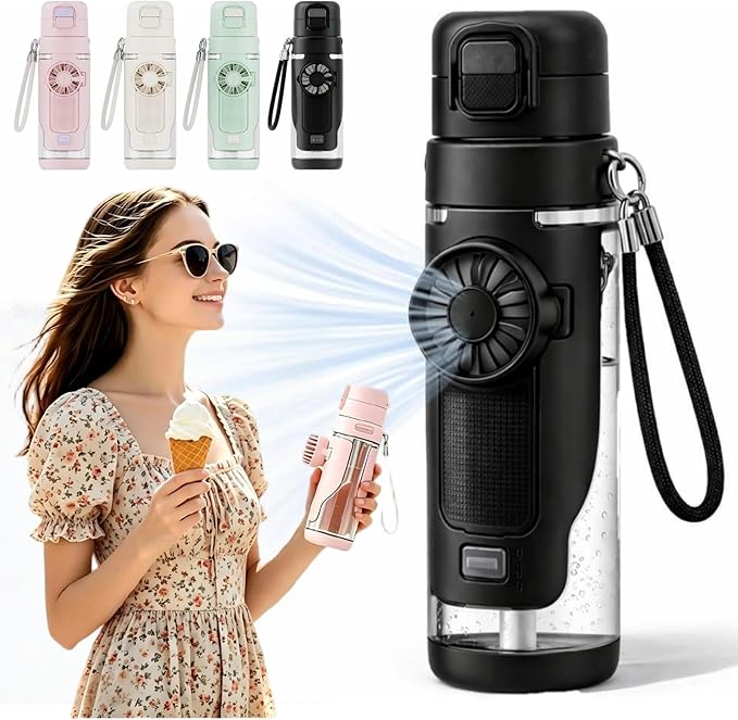 2-in-1 Water Bottle with Foldable Fan, 690ml Portable Cooling Cup with Straw, 3-Speed USB-C Rechargeable Built-In Fan Bottle for Travel, Hiking, Beach and Summer Outdoor Use, White