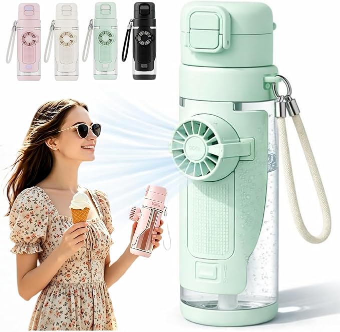 2-in-1 Water Bottle with Foldable Fan, 690ml Portable Cooling Cup with Straw, 3-Speed USB-C Rechargeable Built-In Fan Bottle for Travel, Hiking, Beach and Summer Outdoor Use, White