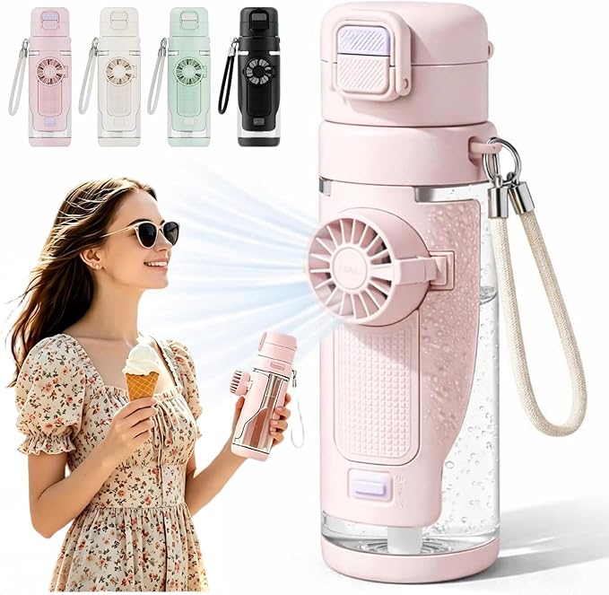 2-in-1 Water Bottle with Foldable Fan, 690ml Portable Cooling Cup with Straw, 3-Speed USB-C Rechargeable Built-In Fan Bottle for Travel, Hiking, Beach and Summer Outdoor Use, White