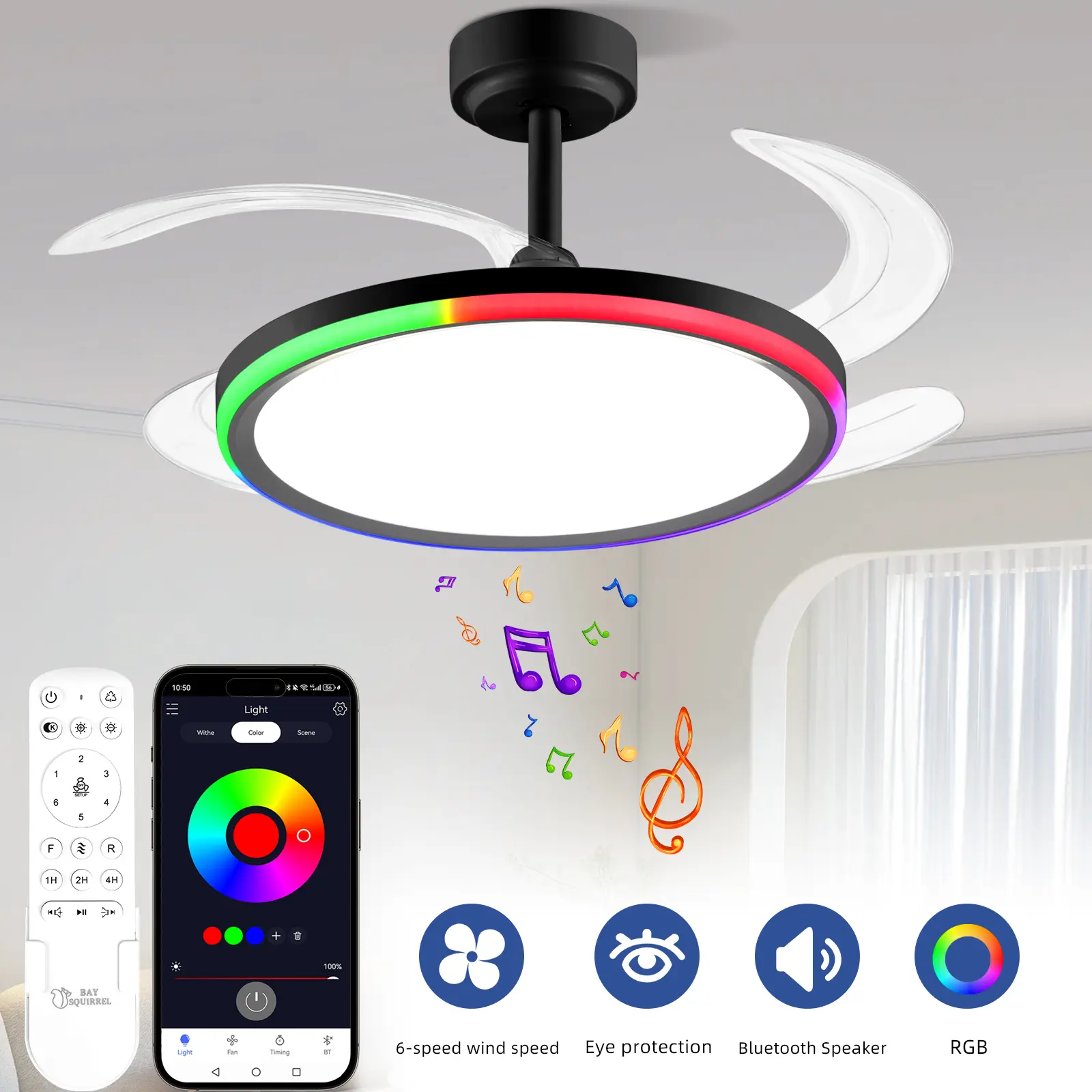42 Inch Slim Invisible Ceiling Fan with RGB Lights-Ventilador de Techo con Luz LED