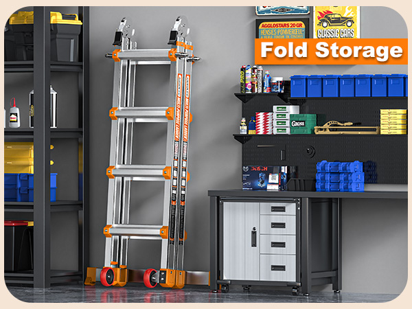 Folded ladder storage in garage
