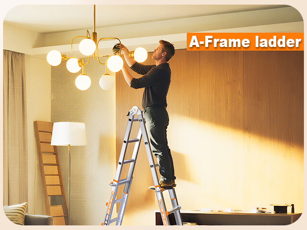 A-frame ladder installing chandelier