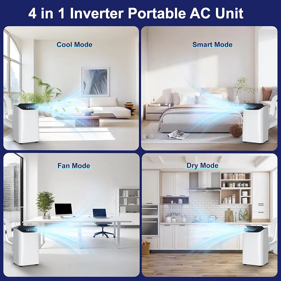 Inverter 16000BTU Portable Air Conditioners with Remote, Free Stand Cooling Portable AC Unit for Room up to 800 sq.ft, with Dehumidifier & Fan, Dual Hose, Quiet Sleep Mode(35dB), Windows Kit