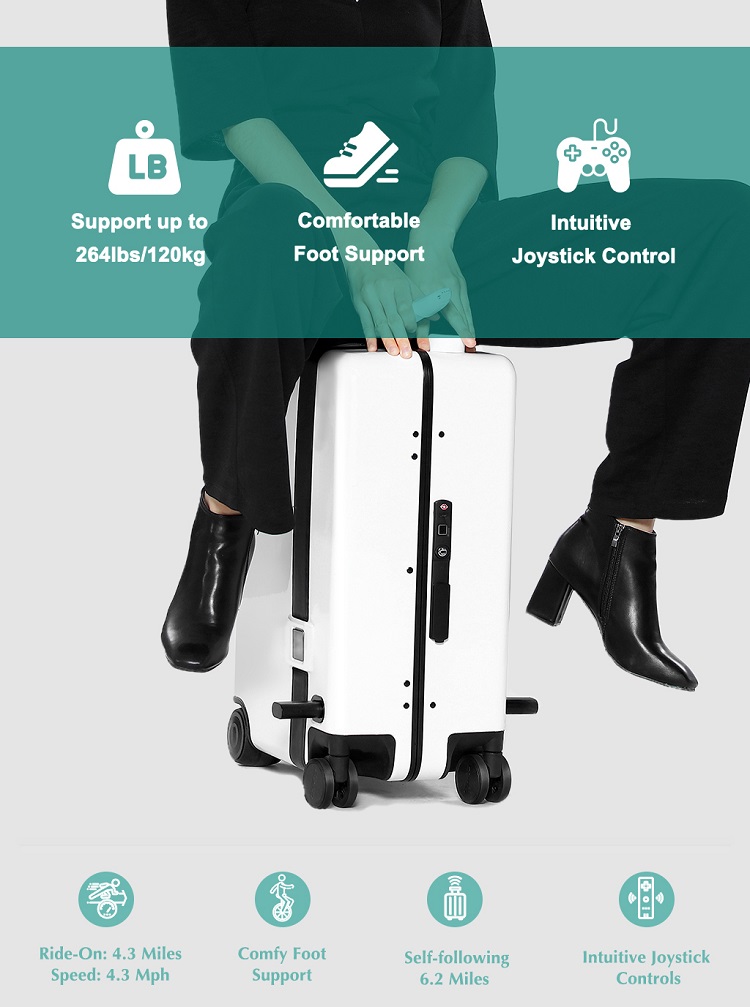 Smart auto-follow suitcase with joystick control and foot pedals