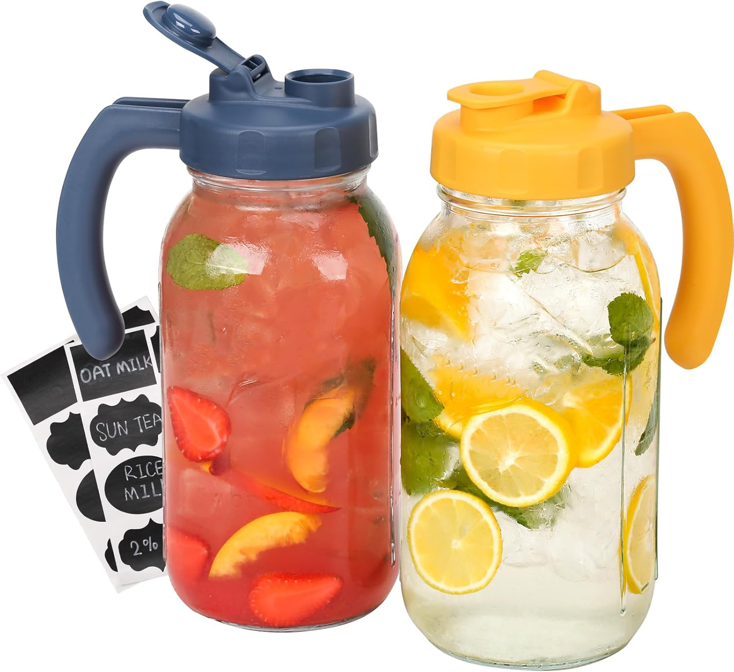 2 Quart Glass Mason Jar Pitchers with Lids, Navy & Yellow, 2 Pack | 64oz Wide Mouth Flip Cap Pour Spout Leak-proof Lids with Handle, 1.9 Liter per Jar, for Sun Tea/ Juice/Cold Brew/Milk