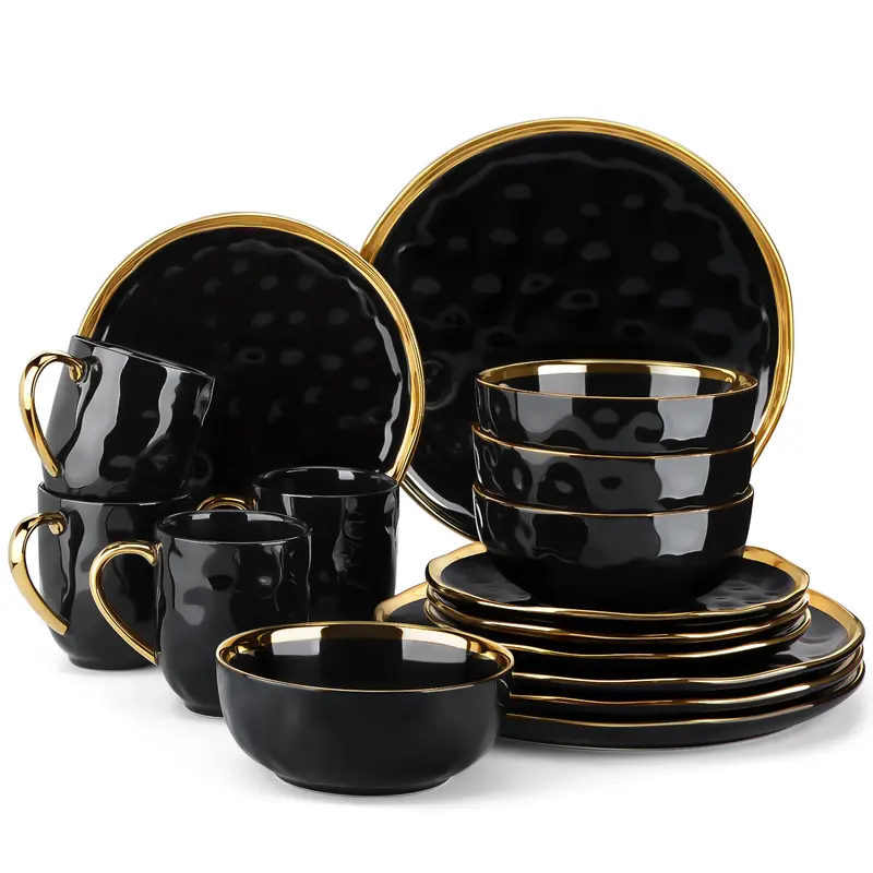 16‑Piece Gold‑Rim Porcelain Dinner Set for 4, White Black Green Tableware