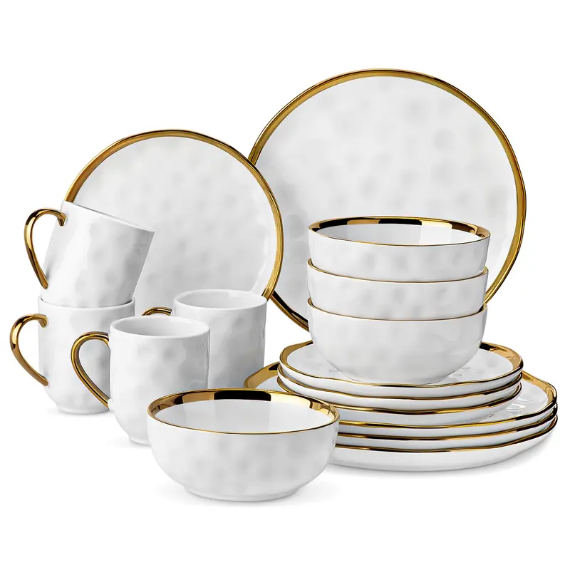 16‑Piece Gold‑Rim Porcelain Dinner Set for 4, White Black Green Tableware