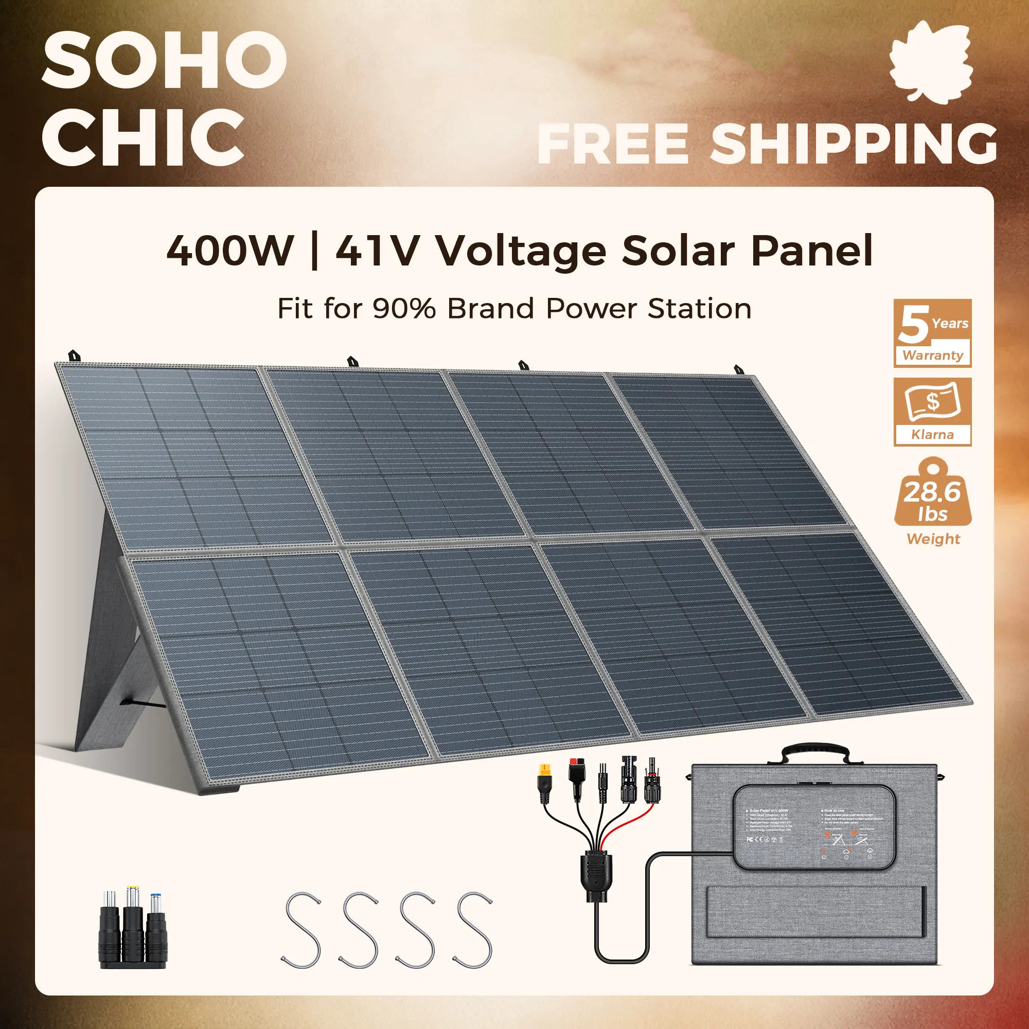 400W Foldable Solar Panel 41V 10A - Portable Off-Grid Charger for Camping RV & Home Backup, 23.5% ETFE High-Efficiency, Waterproof Dust-Resistant, Adjustable 8F Bracket, XT60/Anderson Ready