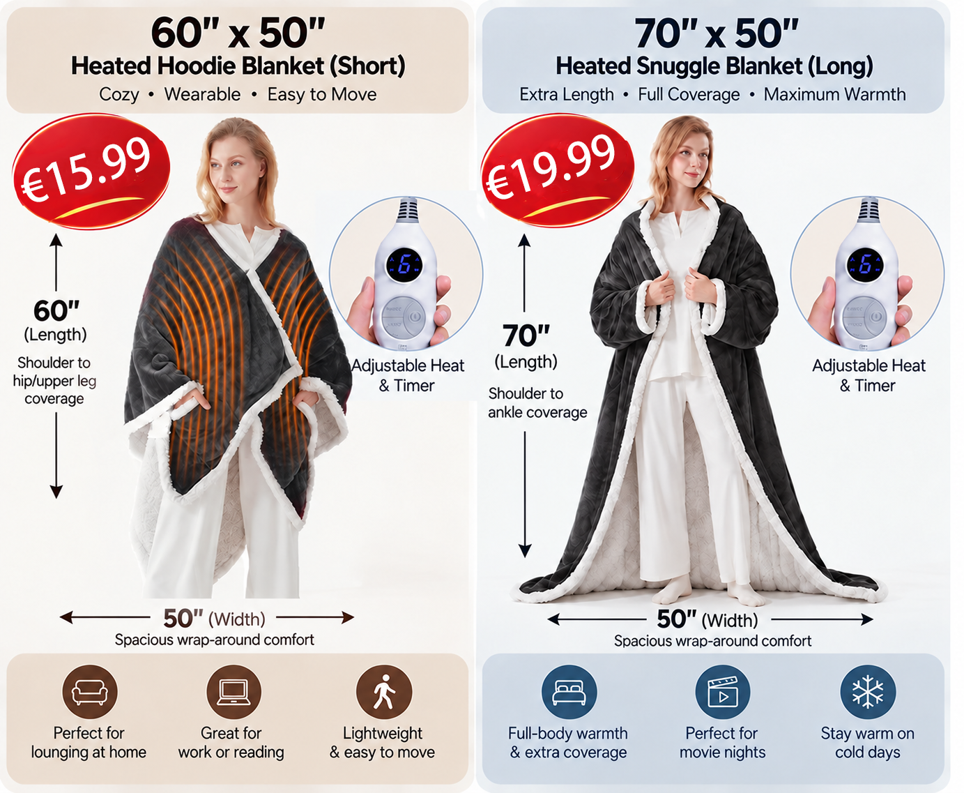 Wearable heated blanket with sleeves and foot pocket