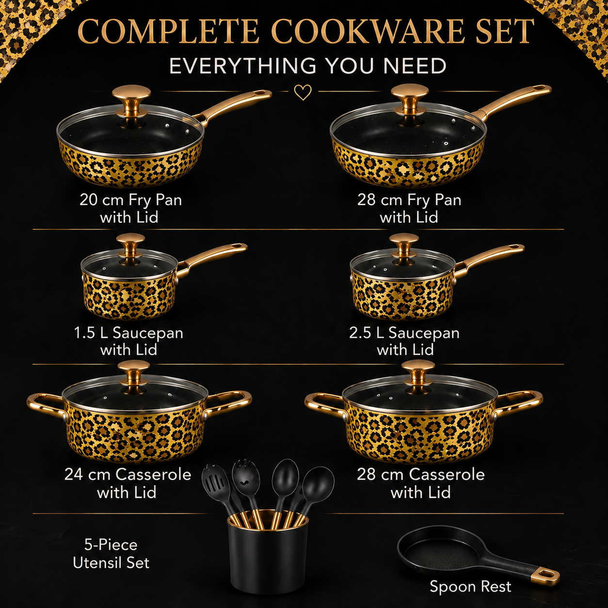 CLASSIC LEOPARD Luxury  Gold Non-Stick Cookware Set – 10 Piece Premium Kitchen Pan Set with Lids & Utensils