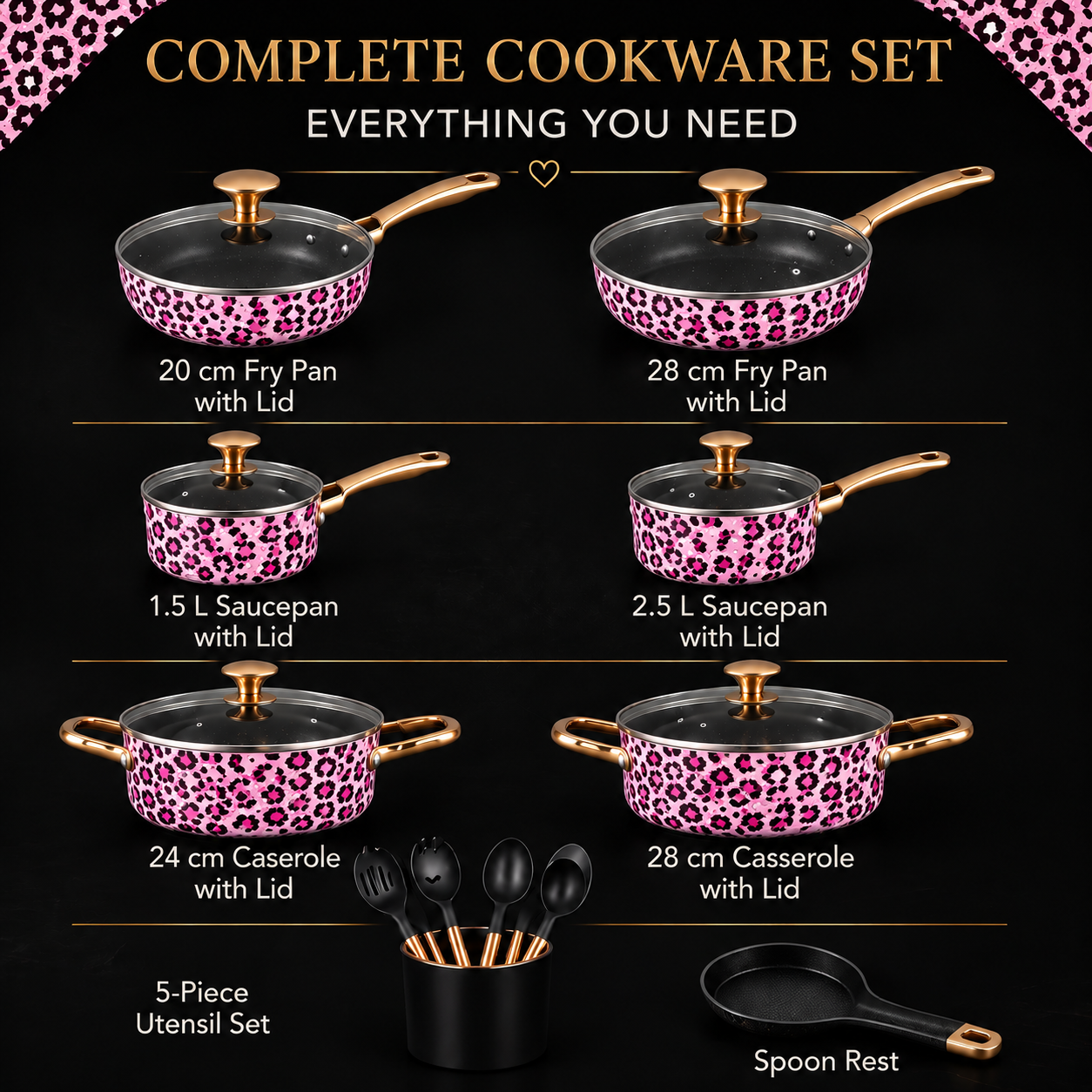 CLASSIC LEOPARD Luxury  Gold Non-Stick Cookware Set – 10 Piece Premium Kitchen Pan Set with Lids & Utensils