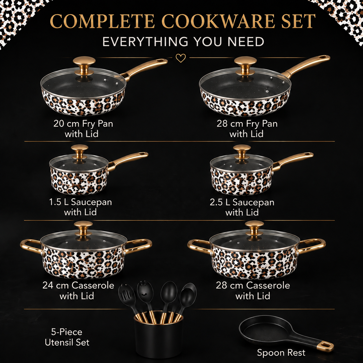 CLASSIC LEOPARD Luxury  Gold Non-Stick Cookware Set – 10 Piece Premium Kitchen Pan Set with Lids & Utensils