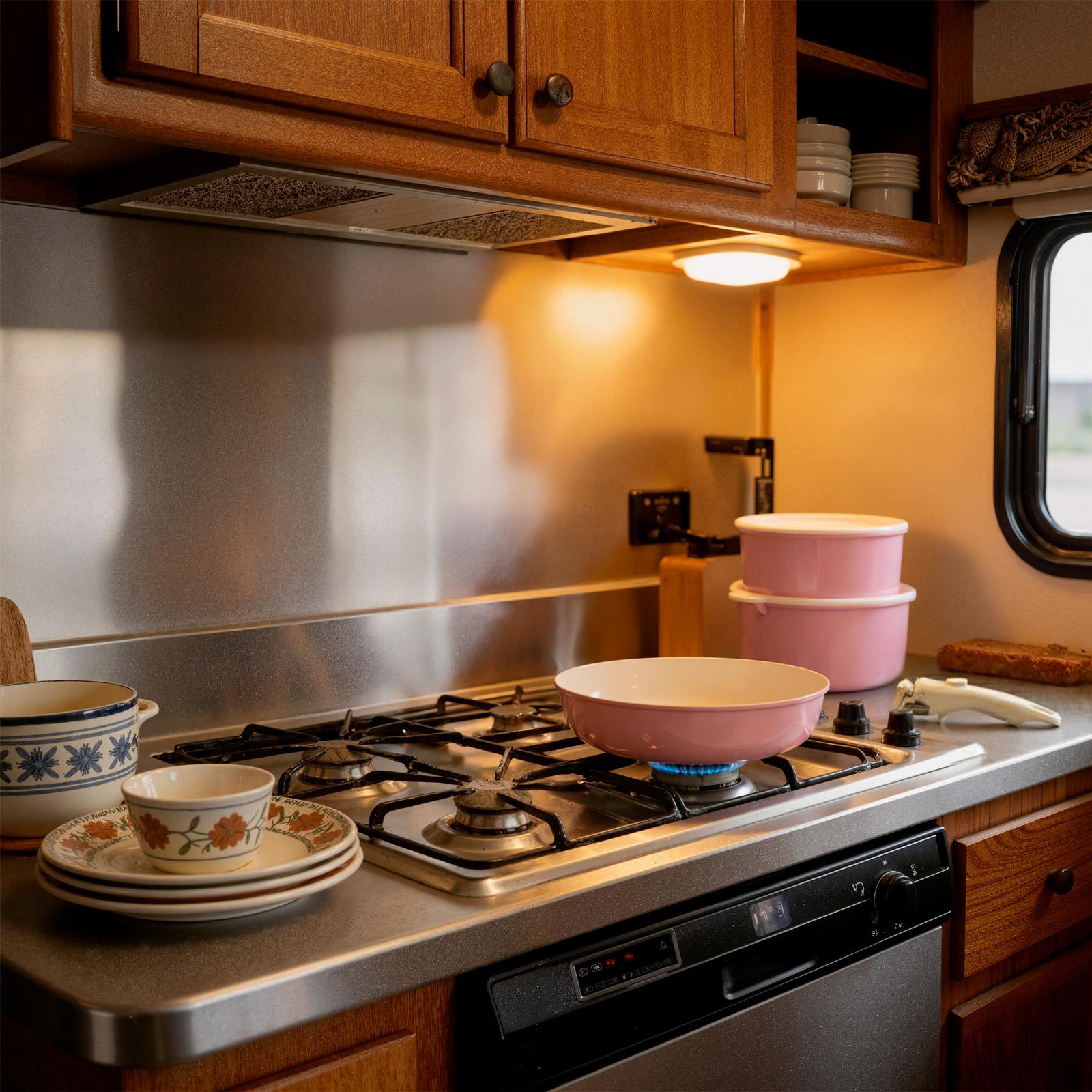 Stackable cookware set in RV kitchen &mdash; saves 70% cabinet space