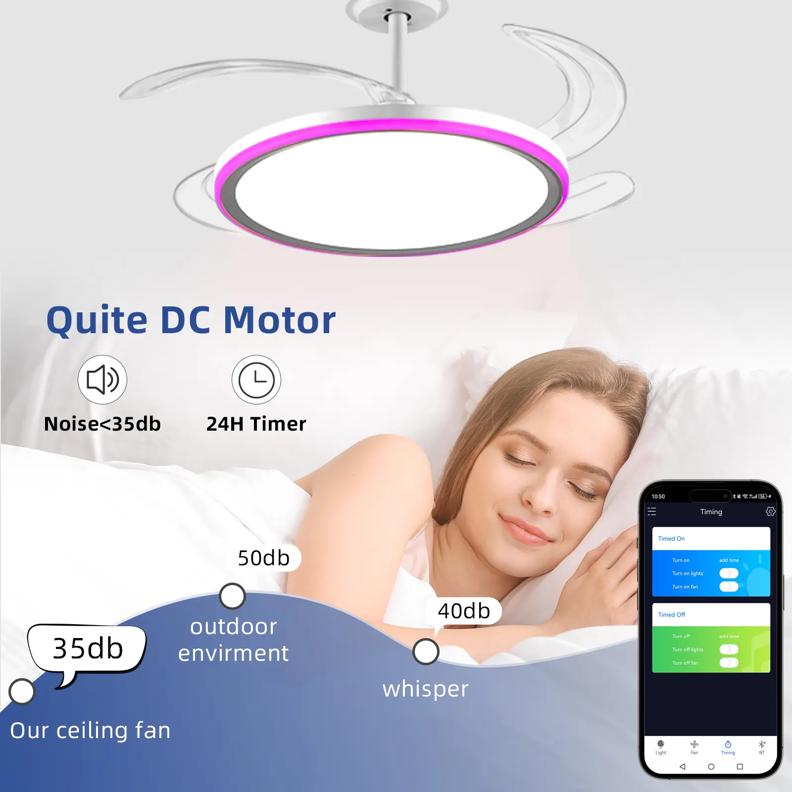 42 Inch Slim Invisible Ceiling Fan with RGB Lights