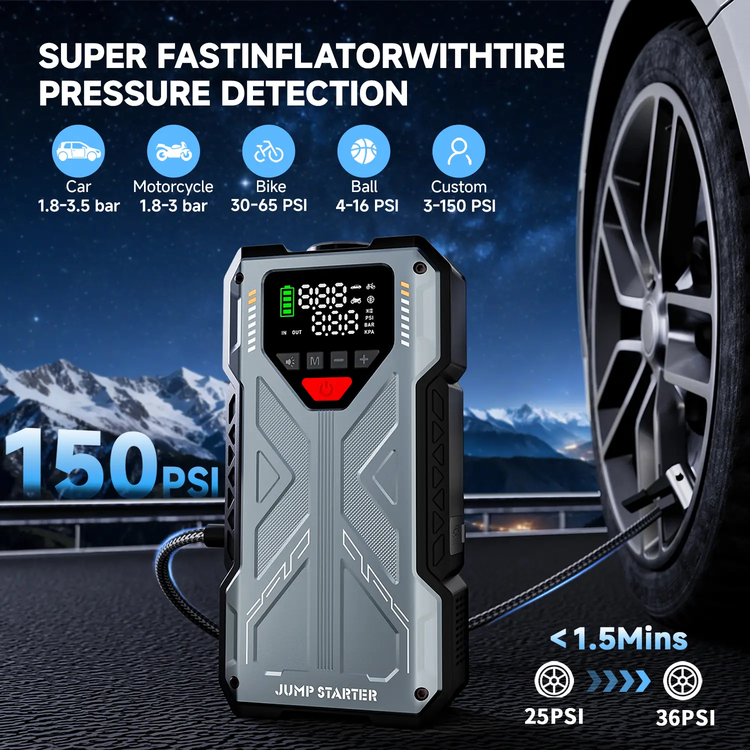 16800mAh [ 5 in 1 Function ] Portable Car Jump Starter With Air Compressor 6000A (7.5L Gas, 6.0L Diesel) With 150 PSI Tire Inflator, 12V Car Battery Jump Power With LED Light