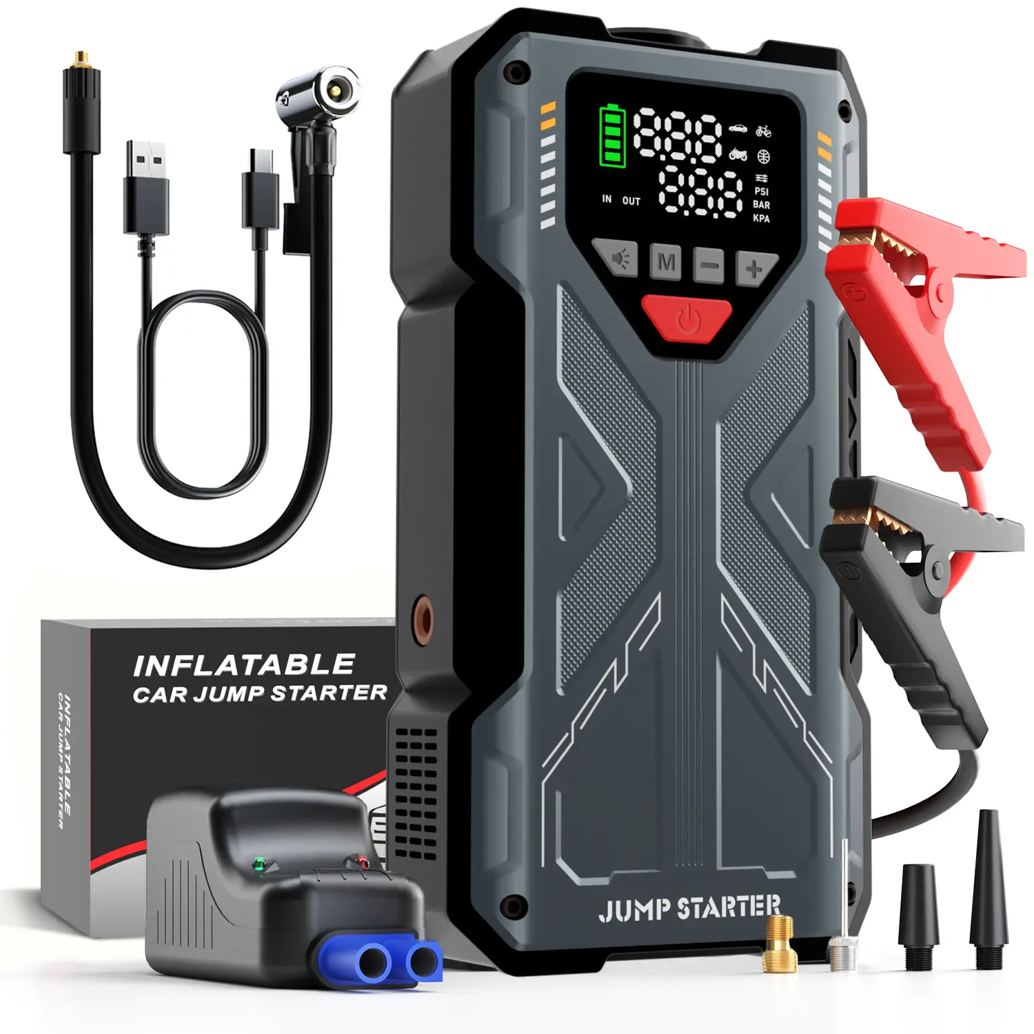 16800mAh [ 5 in 1 Function ] Portable Car Jump Starter With Air Compressor 6000A (7.5L Gas, 6.0L Diesel) With 150 PSI Tire Inflator, 12V Car Battery Jump Power With LED Light