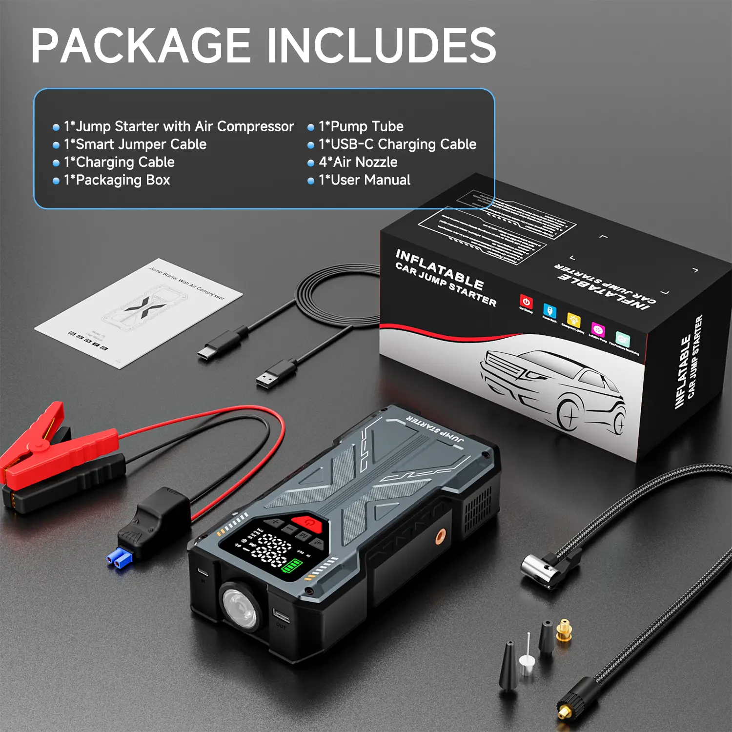16800mAh [ 5 in 1 Function ] Portable Car Jump Starter With Air Compressor 6000A (7.5L Gas, 6.0L Diesel) With 150 PSI Tire Inflator, 12V Car Battery Jump Power With LED Light