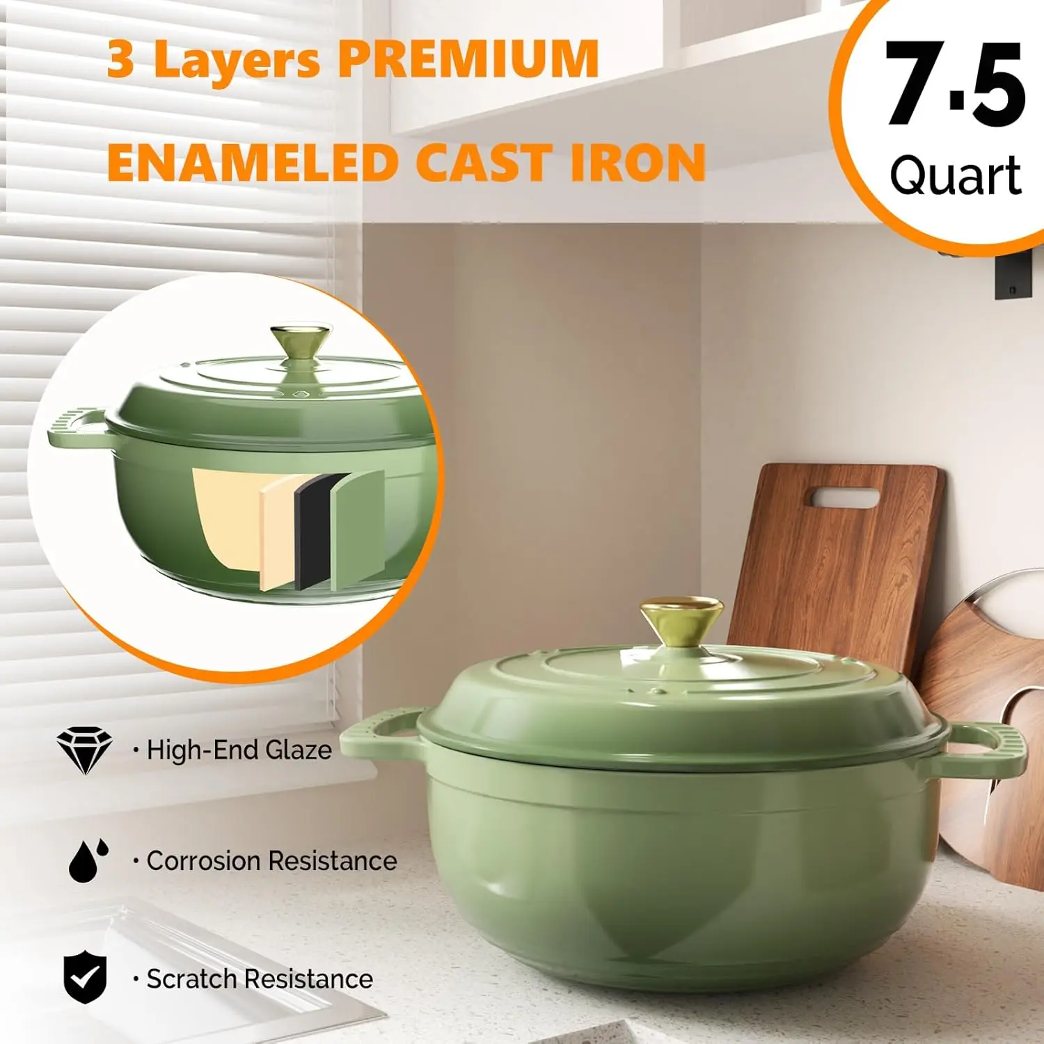 JJJSHOP Enameled Cast Iron Round Dutch Oven, 5/6/7.5QT Pot with Lid &Dual Handles with Silicone Gloves,Oven Safe up to 500°F, Heavy-Duty Pre-Seasoned Cookware for Bread Baking, Braising, Stews, Roasting,TikTokShopBlackFriday