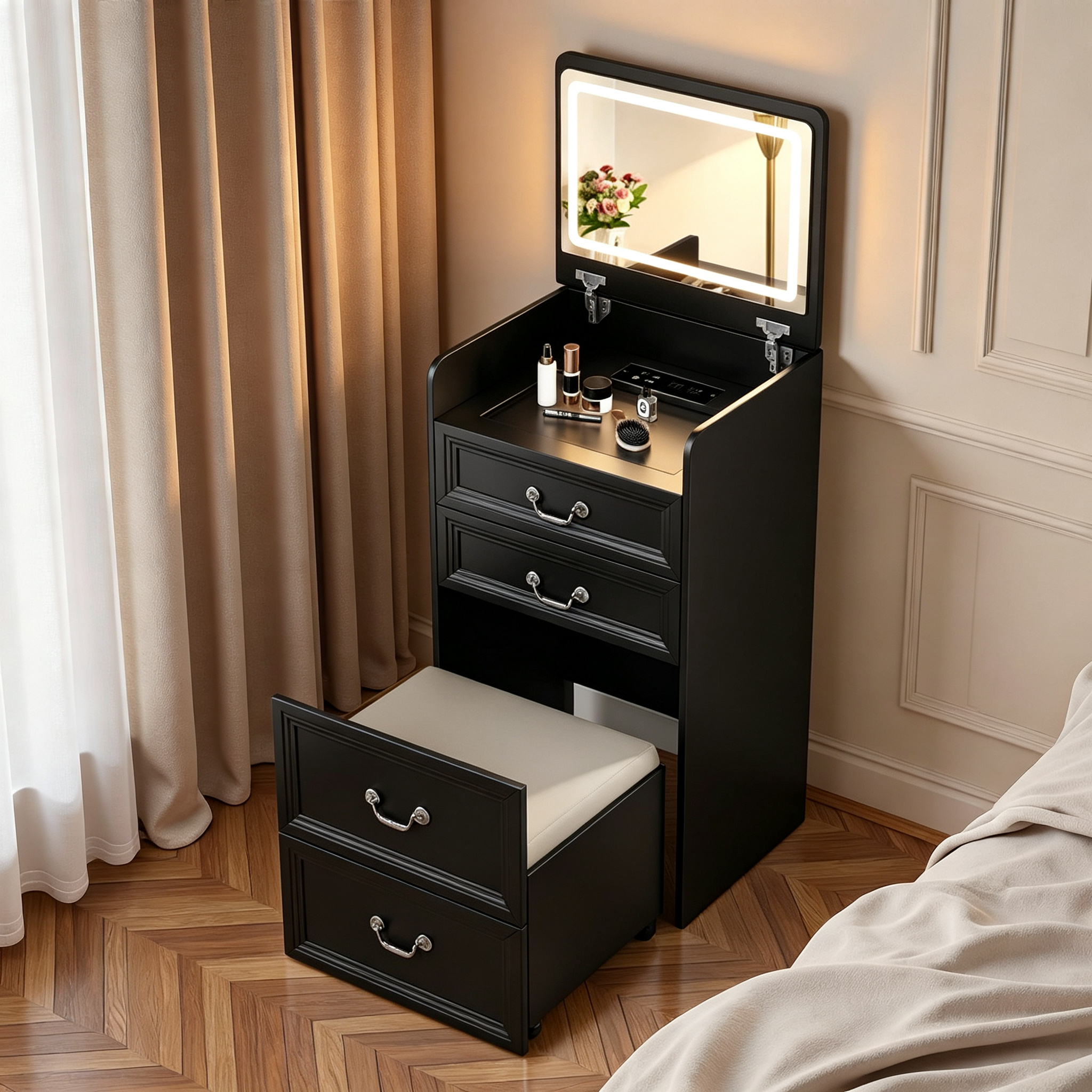 3-in-1 Vanity Desk with Charging Station & LED Lights