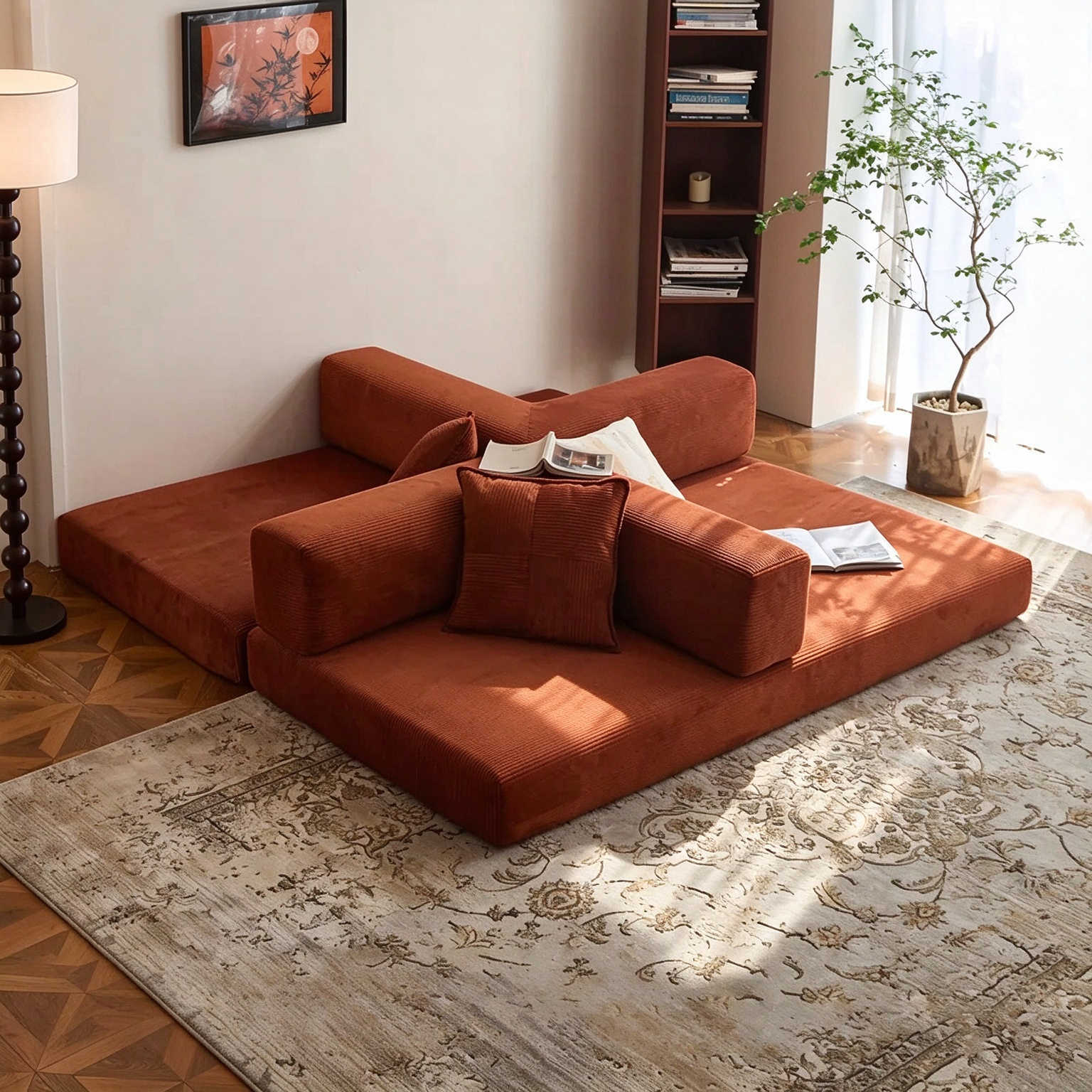 Convertible sofa bed showing sofa and bed modes side by side