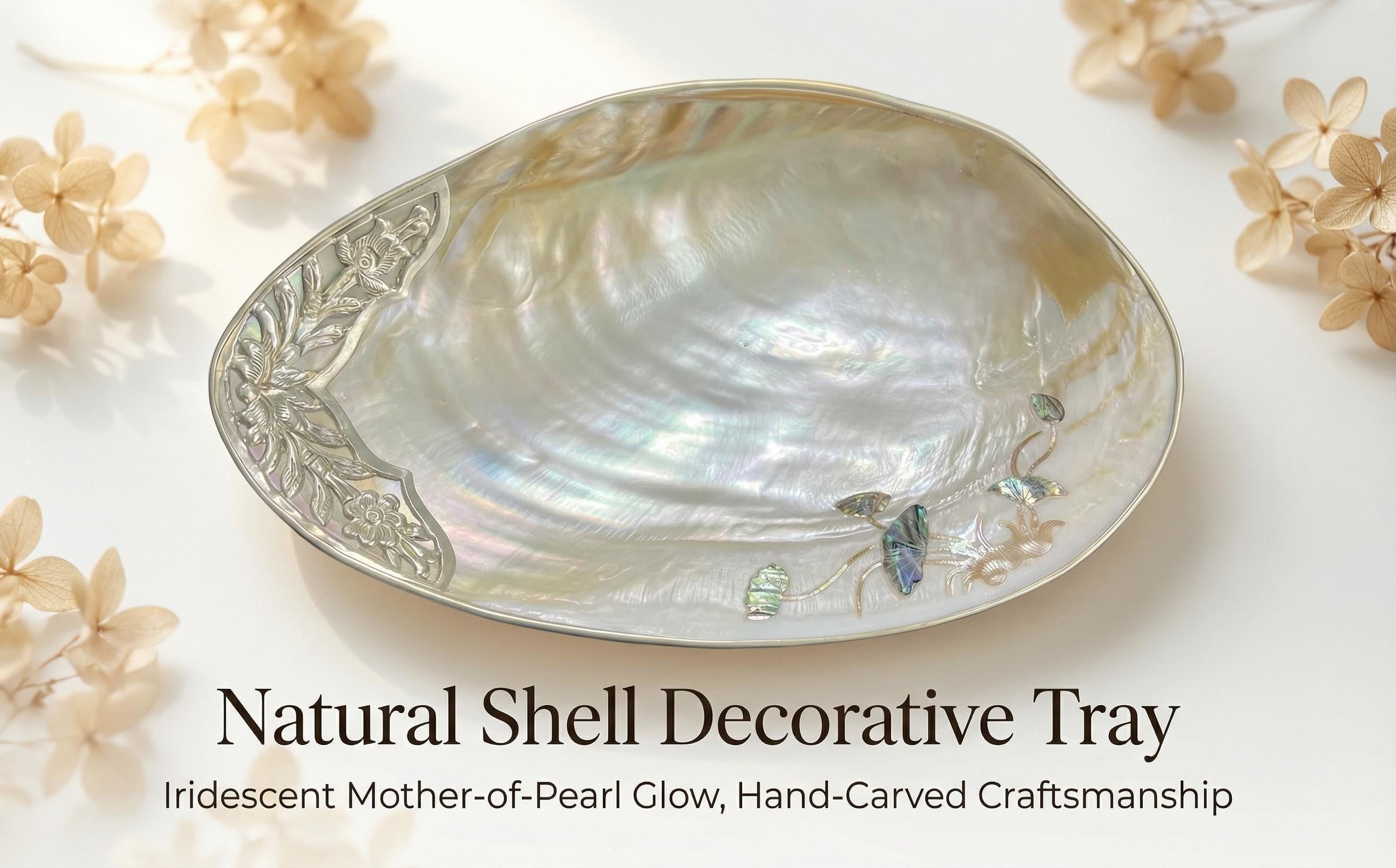 Handcrafted mother of pearl tray with carved edge