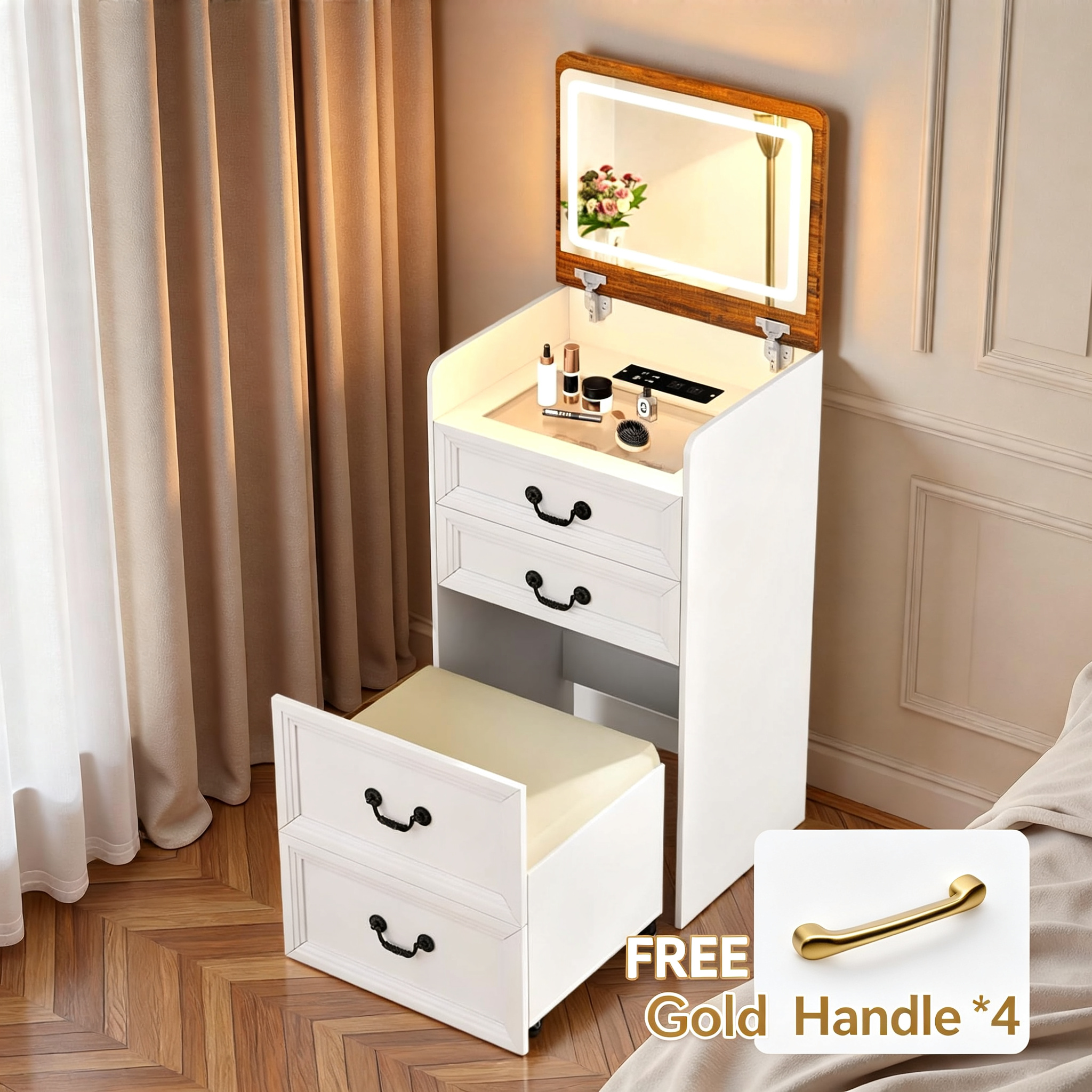 3-in-1 Vanity Desk with Charging Station & LED Lights