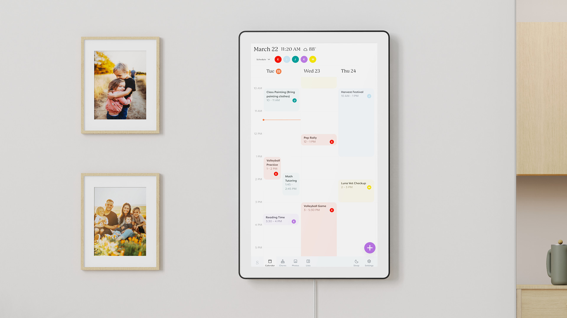 Custom lists and dinner planning on 27-inch smart calendar display showing family tasks groceries and daily meal schedule