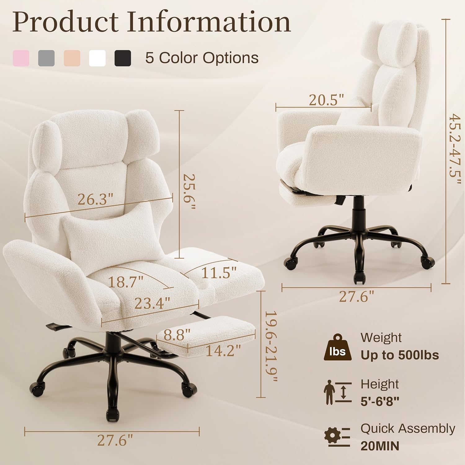 Office Chair with Flip Armrests,Big and Tall Office Chair with Foot Rest,Extra Wide Seat & Lumbar Pillow,Ergonomic Computer Gaming Chair,Comfy Criss Cross Chair for Pets Sitting,Teddy Fleece,White